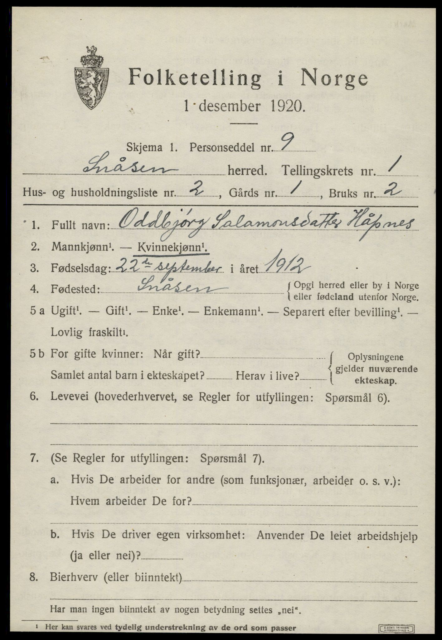 SAT, 1920 census for Snåsa, 1920, p. 1074