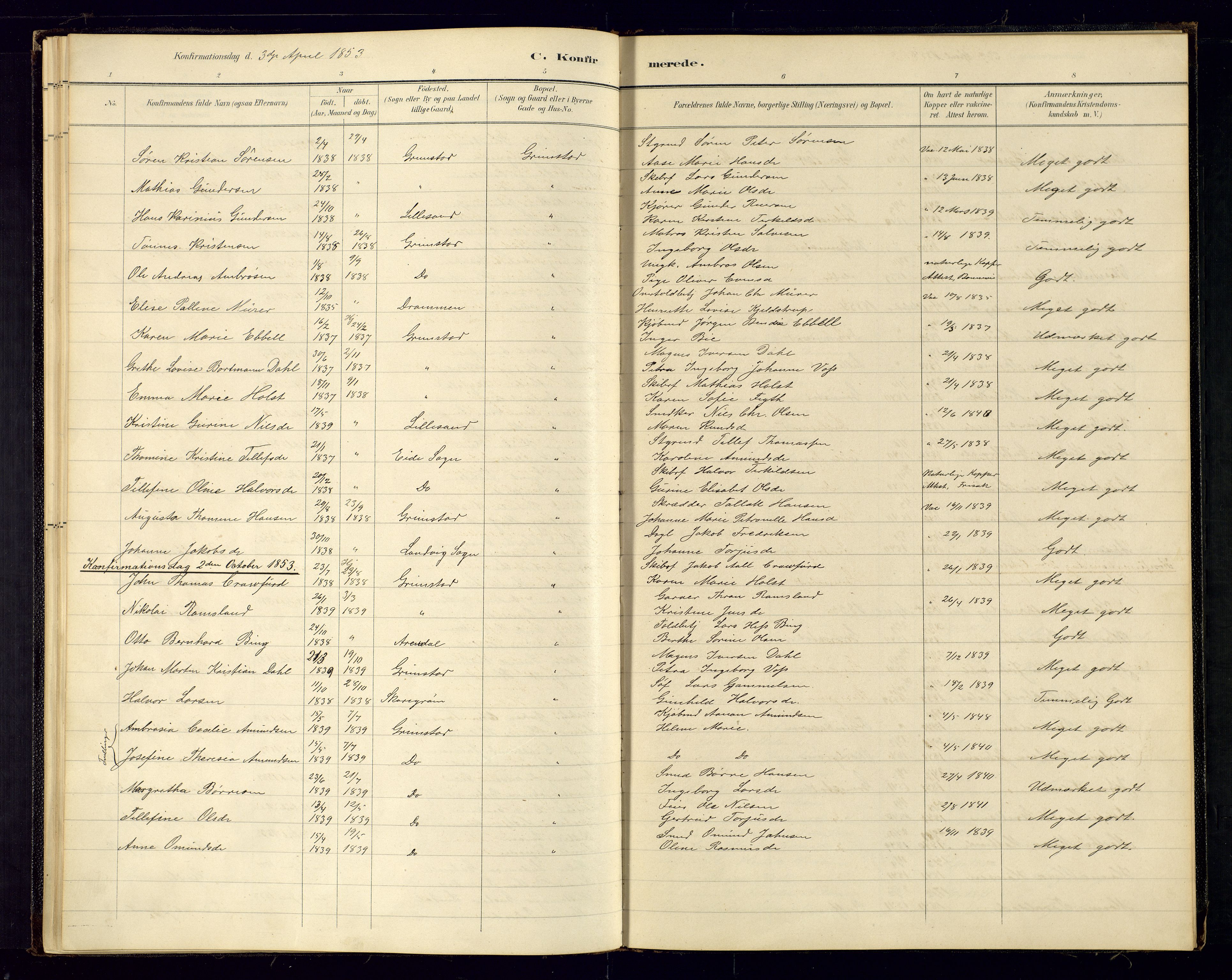 Grimstad sokneprestkontor, SAK/1111-0017/F/Fa/L0001: Parish register (official) no. A 1a, 1850-1877