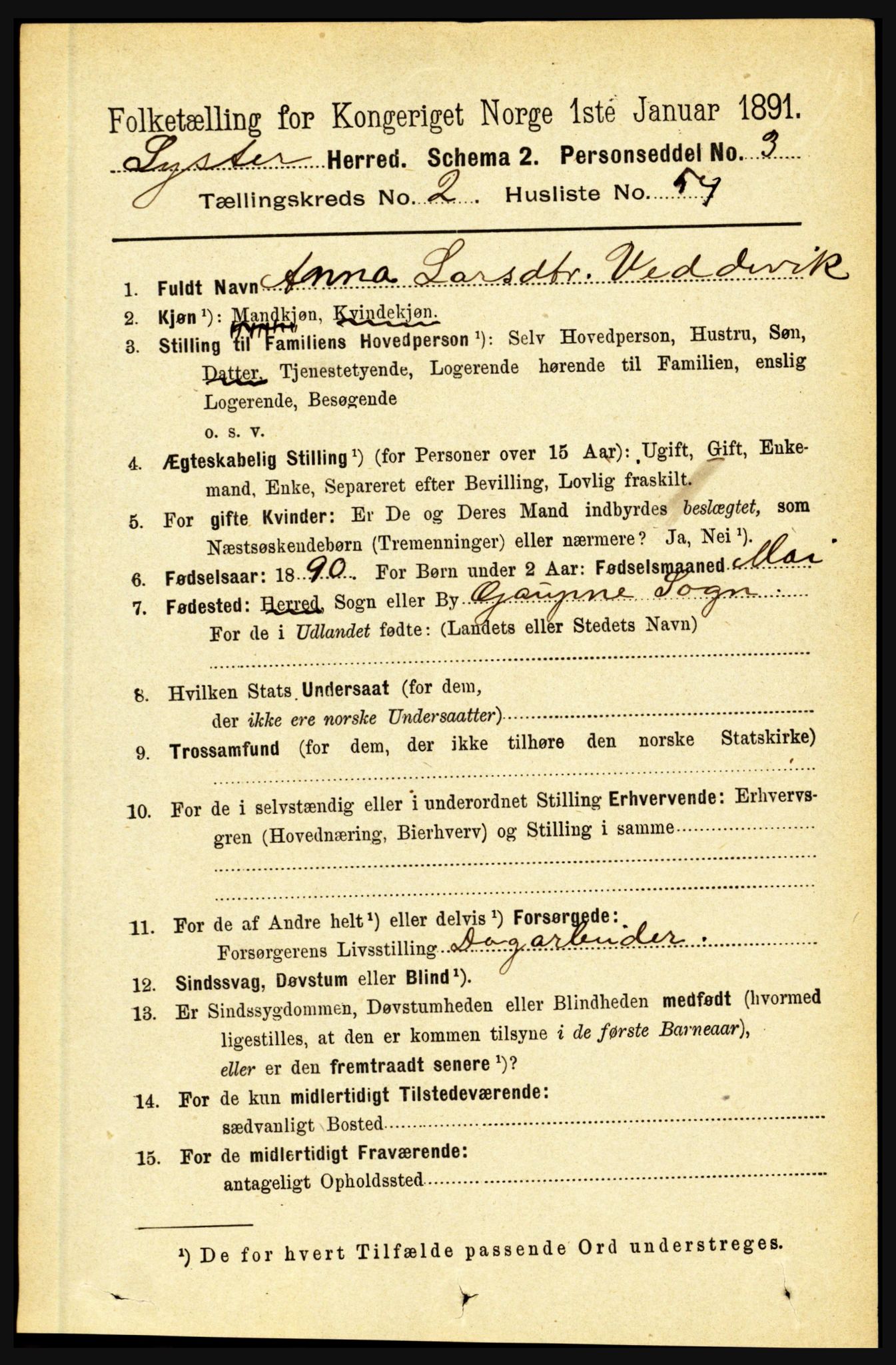 RA, 1891 census for 1426 Luster, 1891, p. 1089