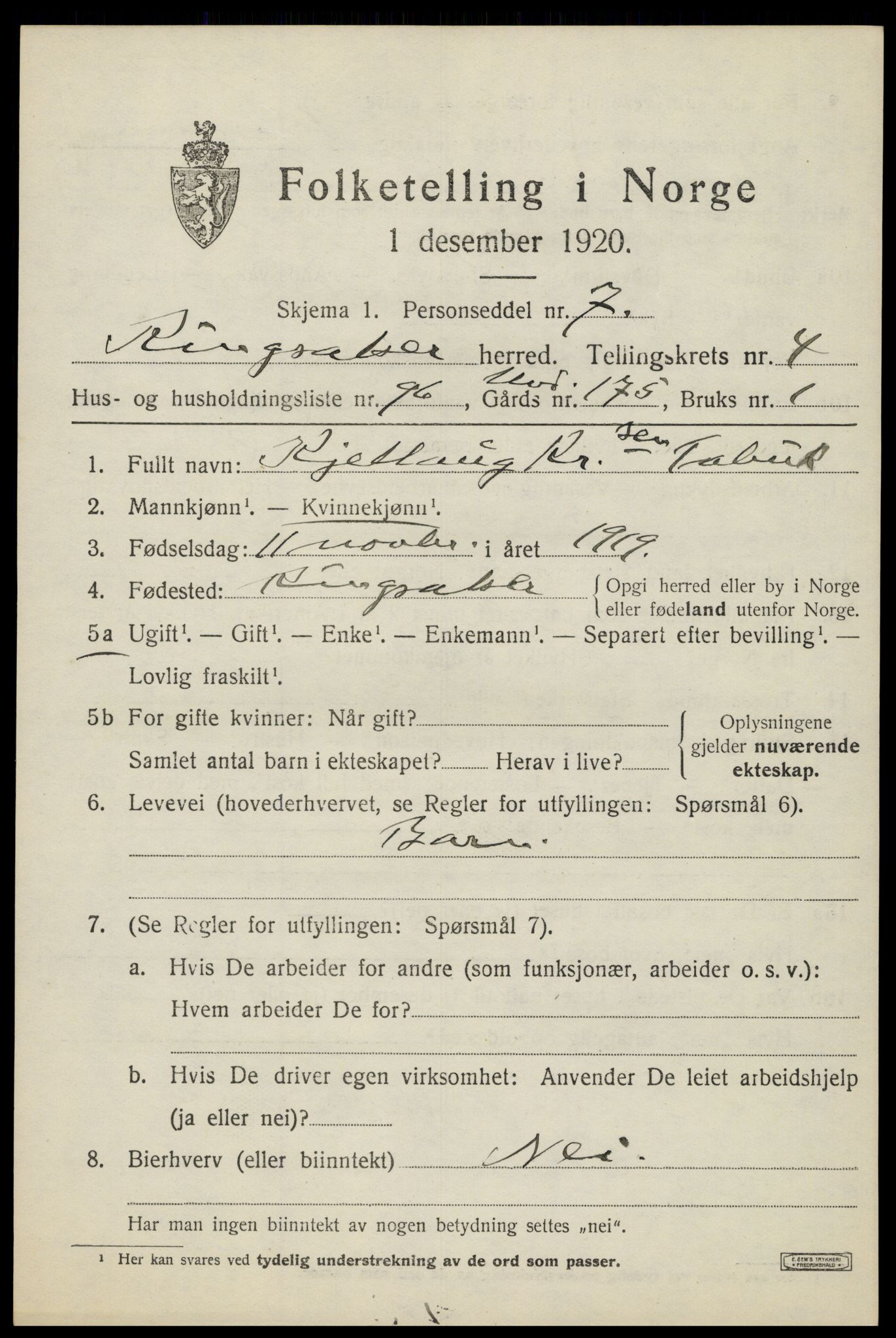 SAH, 1920 census for Ringsaker, 1920, p. 9694