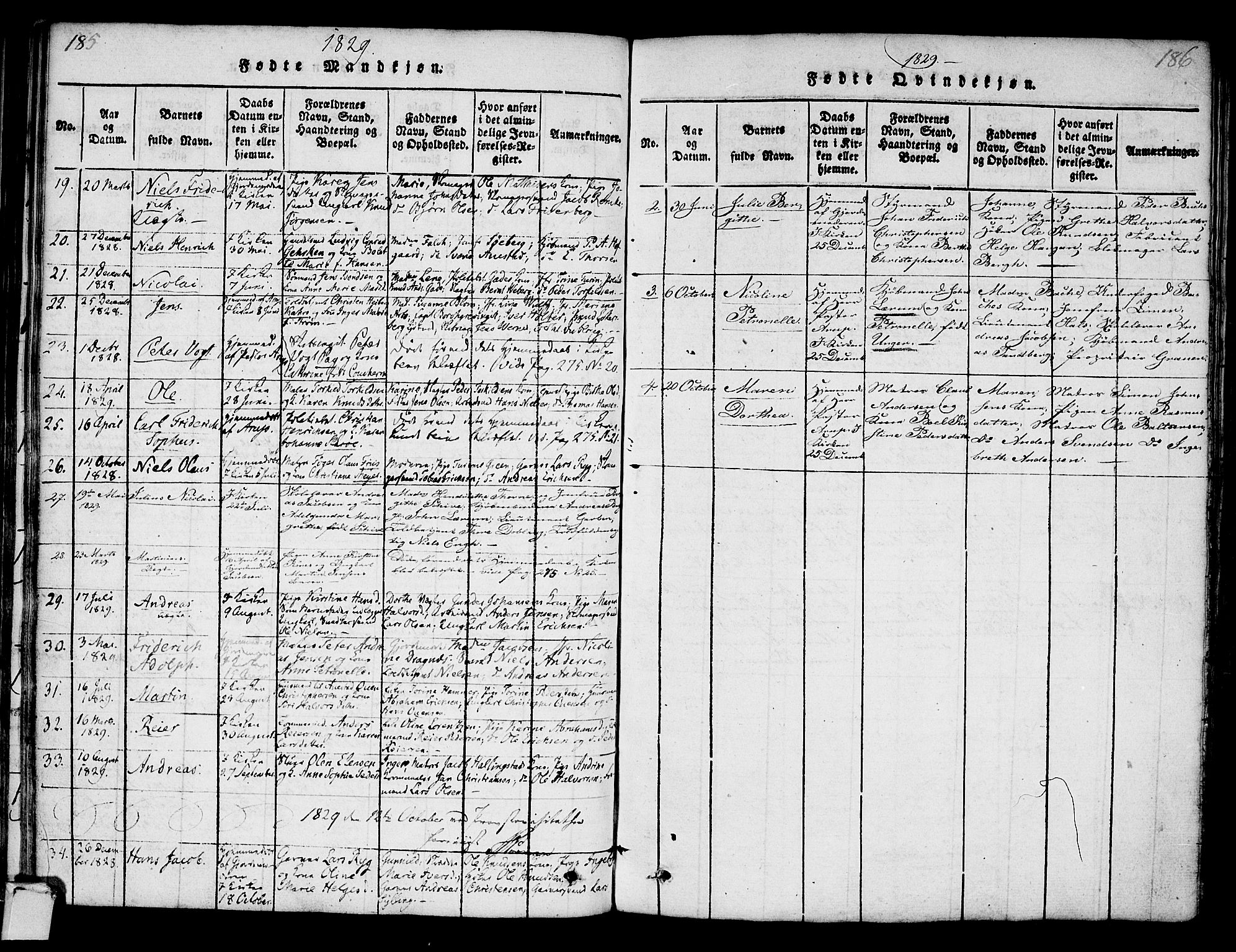 Strømsø kirkebøker, SAKO/A-246/F/Fa/L0011: Parish register (official) no. I 11, 1815-1829, p. 185-186