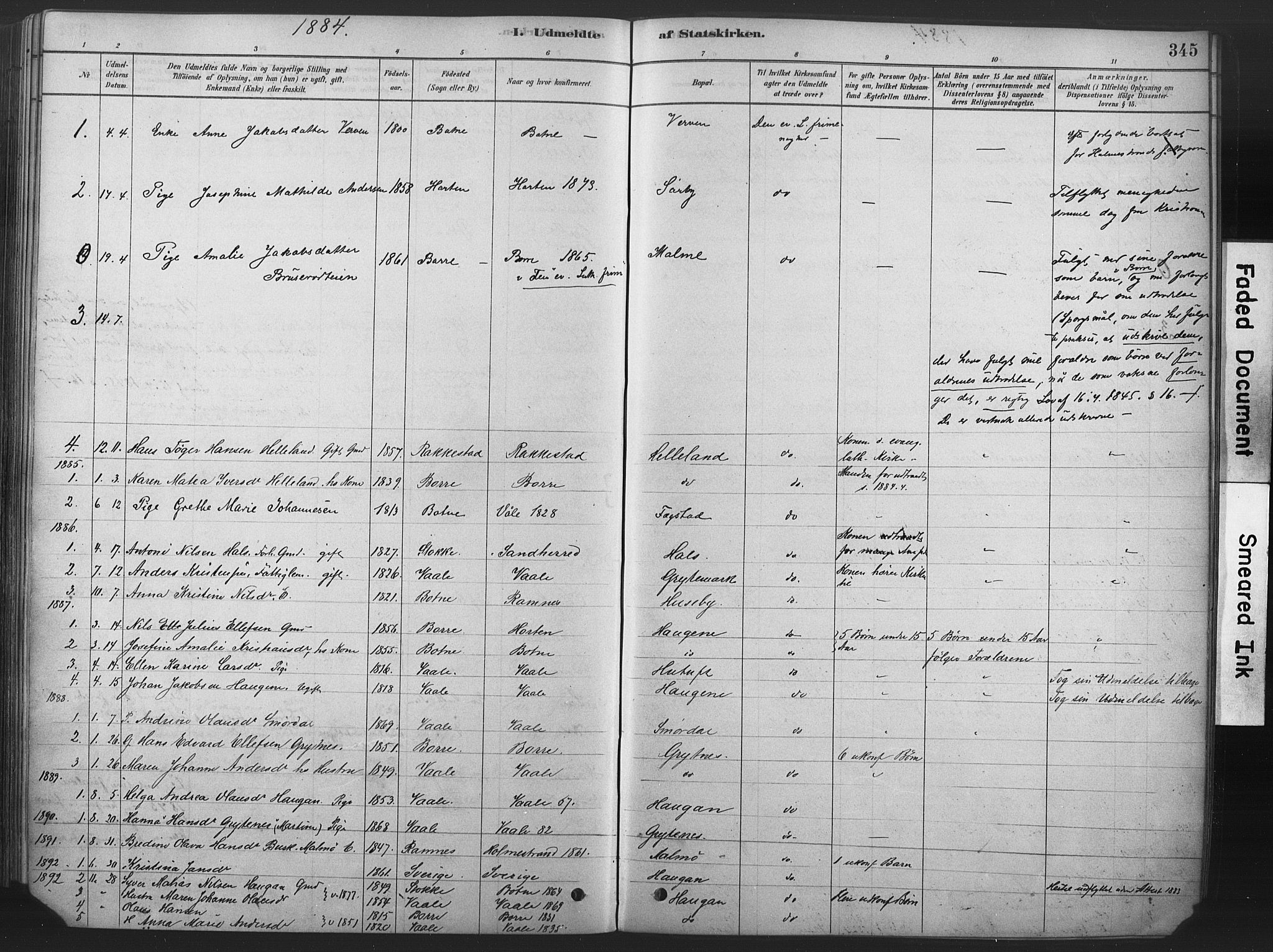 Våle kirkebøker, AV/SAKO-A-334/F/Fa/L0011: Parish register (official) no. I 11, 1878-1906, p. 345