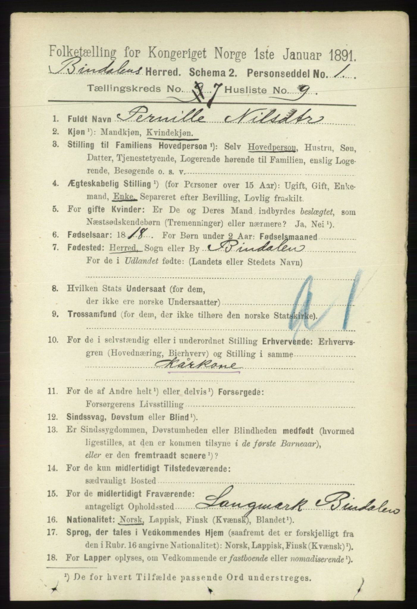 RA, 1891 census for 1811 Bindal, 1891, p. 2310