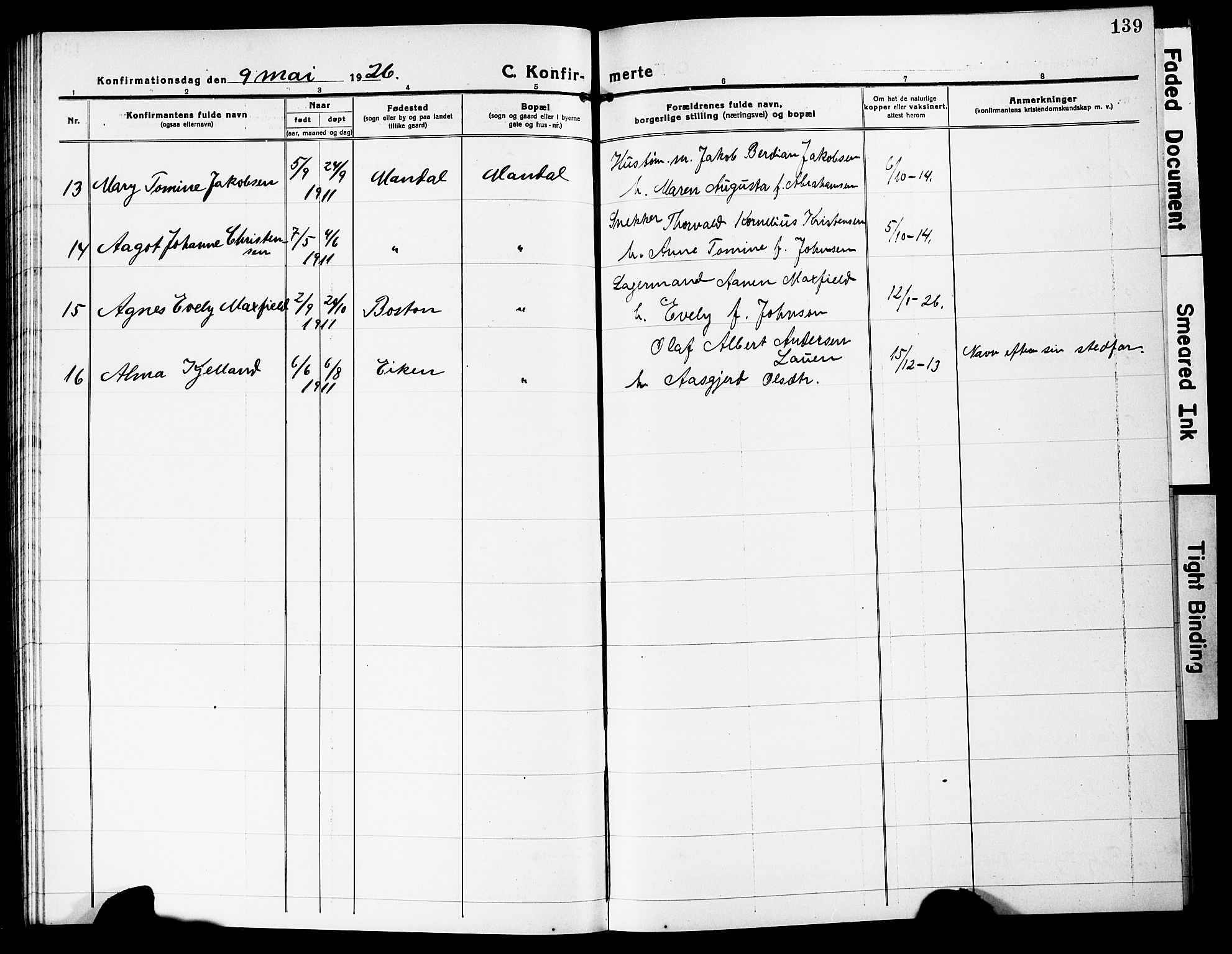 Mandal sokneprestkontor, AV/SAK-1111-0030/F/Fb/Fbc/L0001: Parish register (copy) no. B 1, 1918-1931, p. 139