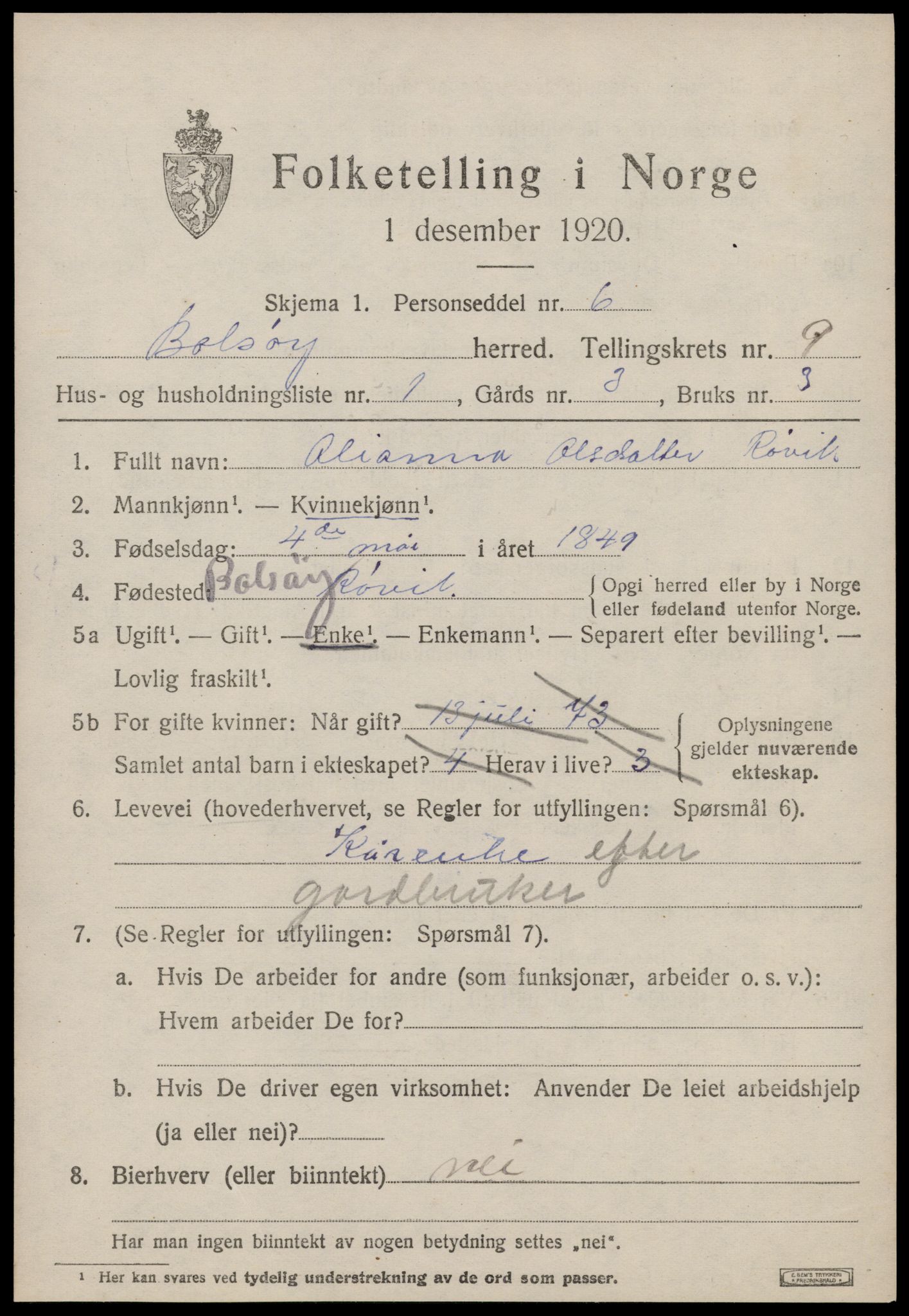 SAT, 1920 census for Bolsøy, 1920, p. 9877