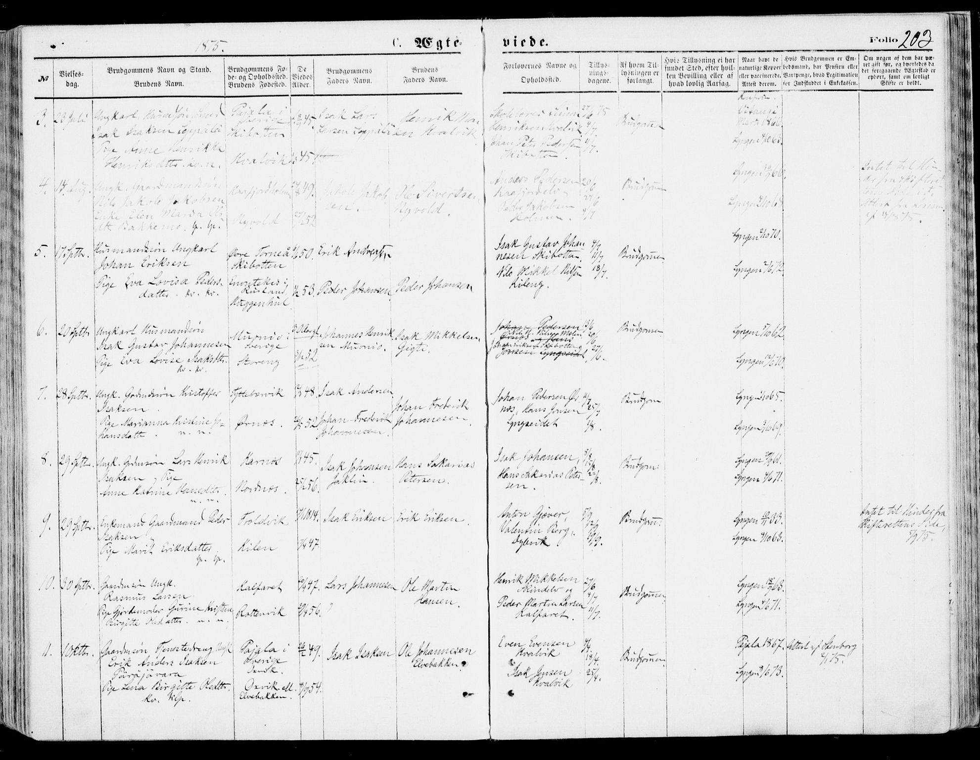Lyngen sokneprestembete, SATØ/S-1289/H/He/Hea/L0006kirke: Parish register (official) no. 6, 1870-1878, p. 203