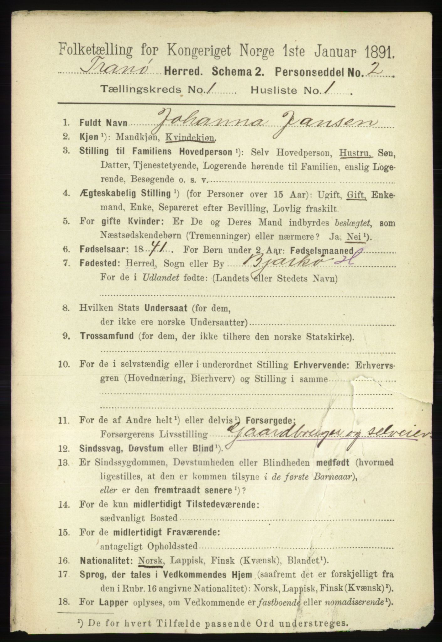 RA, 1891 census for 1927 Tranøy, 1891, p. 68