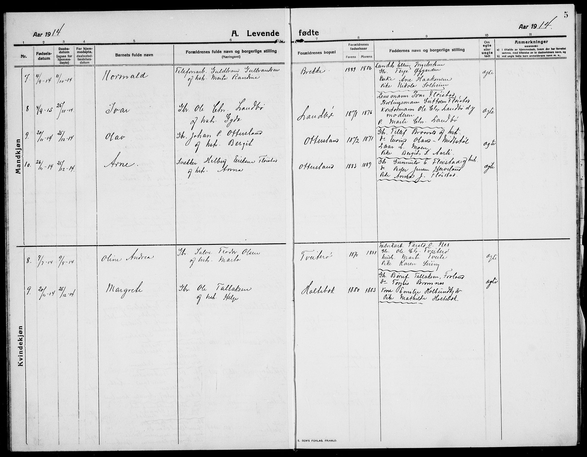 Austre Moland sokneprestkontor, AV/SAK-1111-0001/F/Fb/Fba/L0005: Parish register (copy) no. B 4b, 1914-1935, p. 5