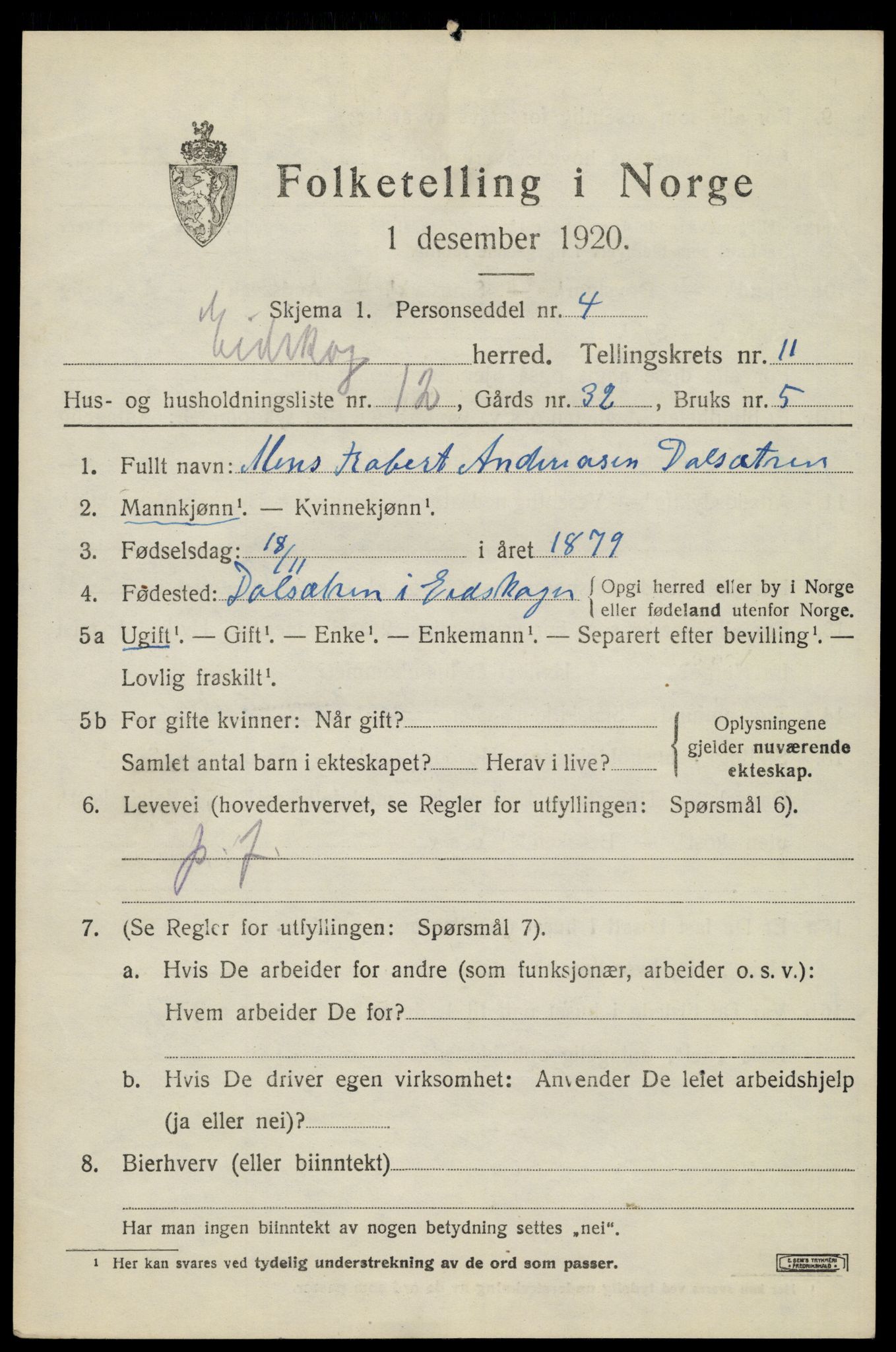 SAH, 1920 census for Eidskog, 1920, p. 11725