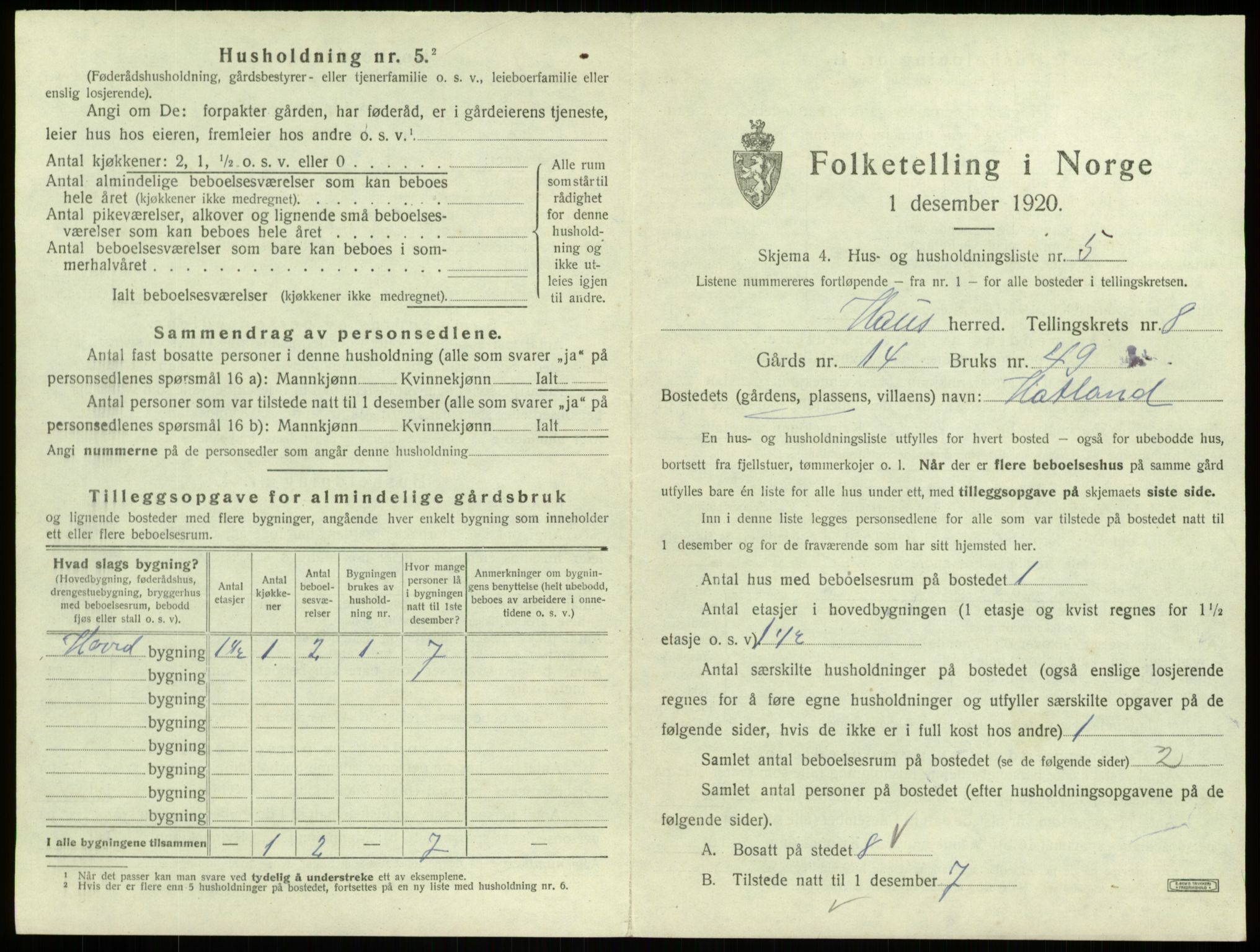 SAB, 1920 census for Haus, 1920, p. 508