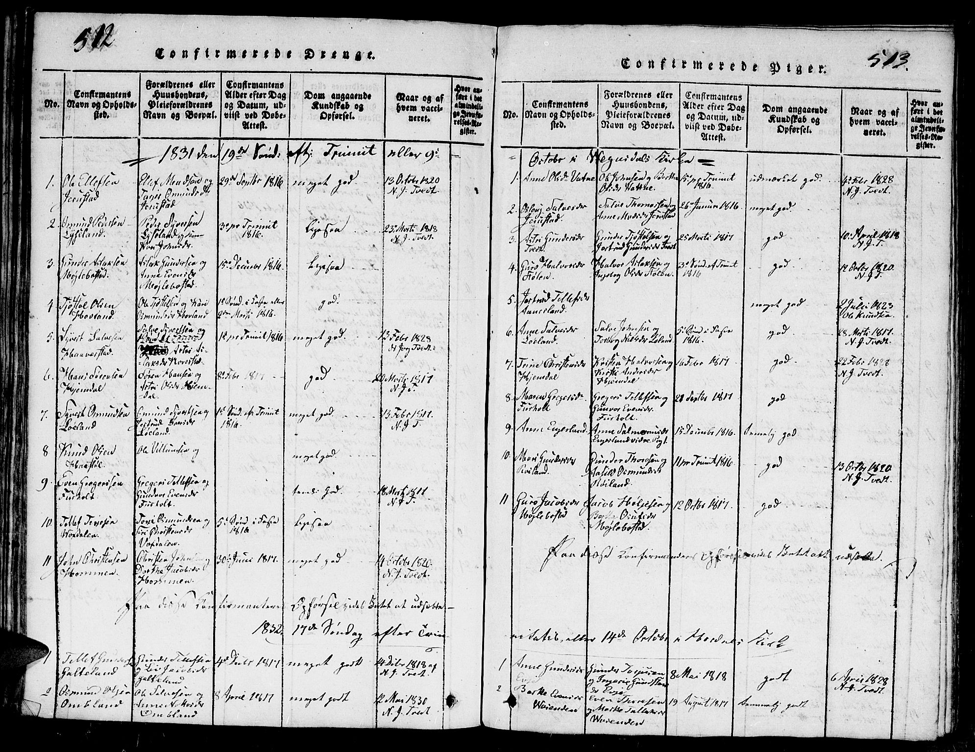 Evje sokneprestkontor, SAK/1111-0008/F/Fb/Fba/L0001: Parish register (copy) no. B 1, 1816-1842, p. 512-513