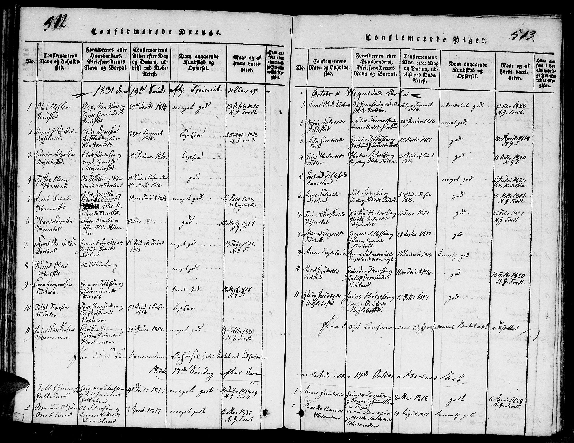 Evje sokneprestkontor, AV/SAK-1111-0008/F/Fb/Fba/L0001: Parish register (copy) no. B 1, 1816-1842, p. 512-513