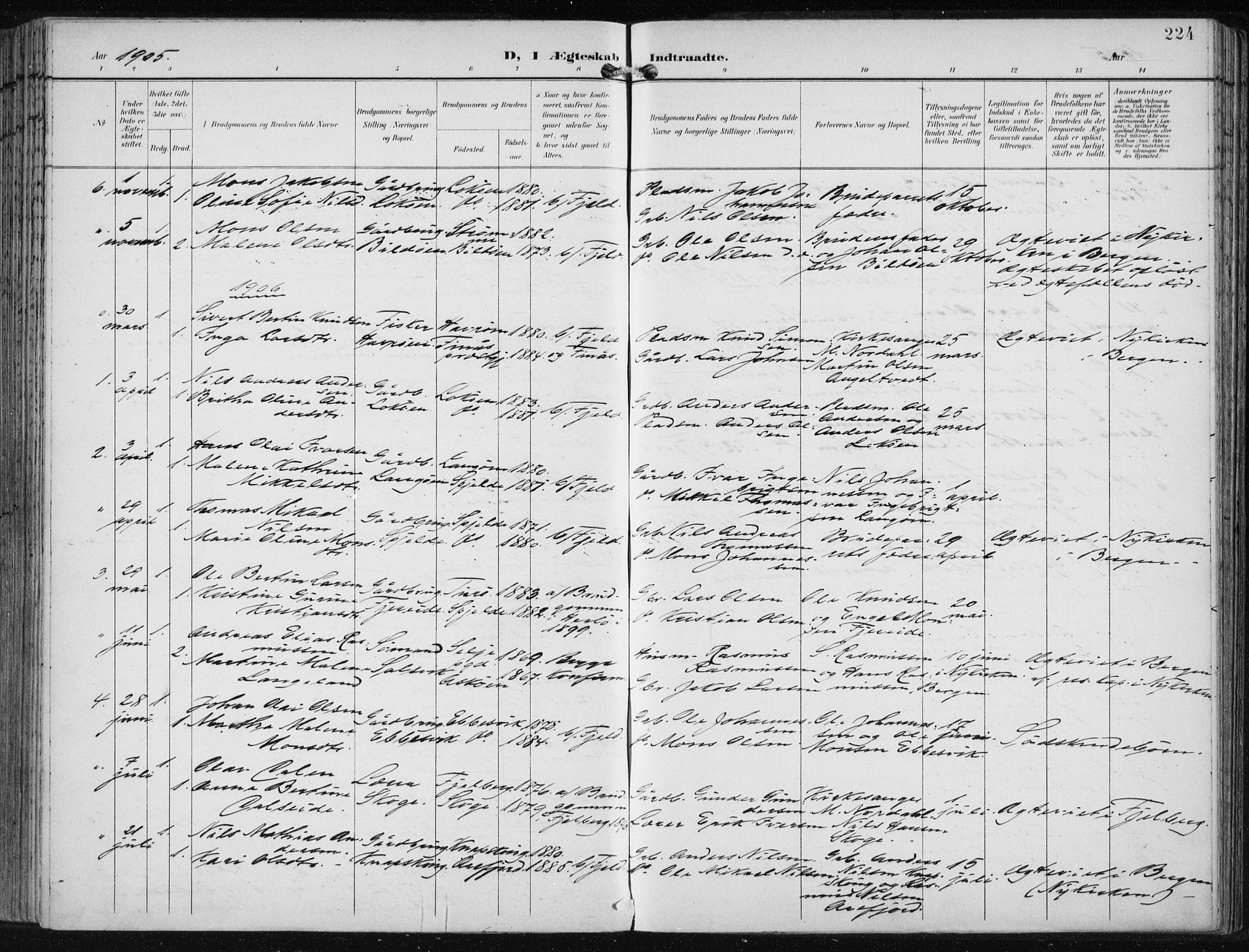 Fjell sokneprestembete, SAB/A-75301/H/Haa: Parish register (official) no. A  9, 1899-1910, p. 224