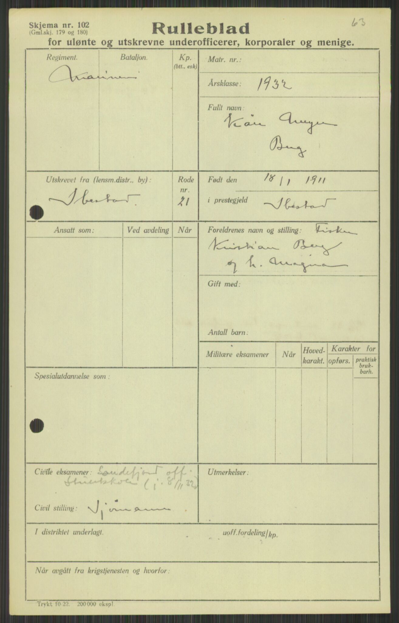 Forsvaret, Troms infanteriregiment nr. 16, AV/RA-RAFA-3146/P/Pa/L0016: Rulleblad for regimentets menige mannskaper, årsklasse 1932, 1932, p. 101