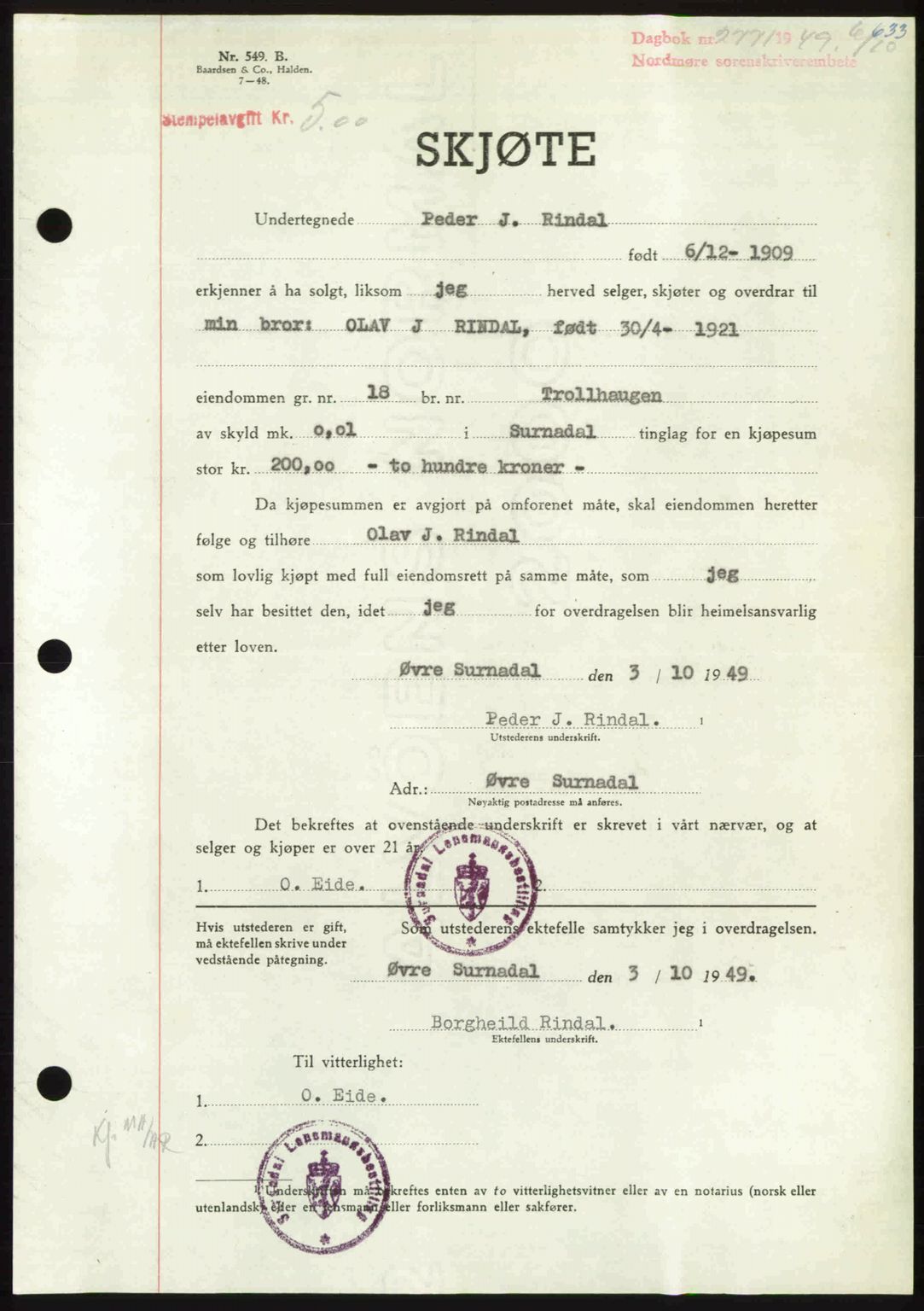 Nordmøre sorenskriveri, AV/SAT-A-4132/1/2/2Ca: Mortgage book no. A112, 1949-1949, Diary no: : 2771/1949