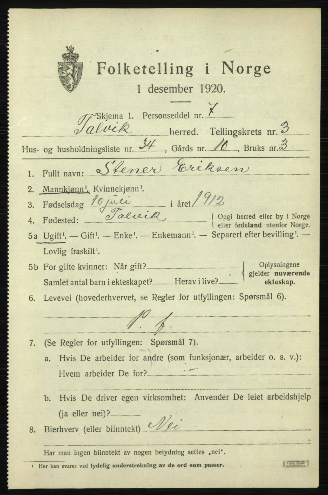 SATØ, 1920 census for Talvik, 1920, p. 2570