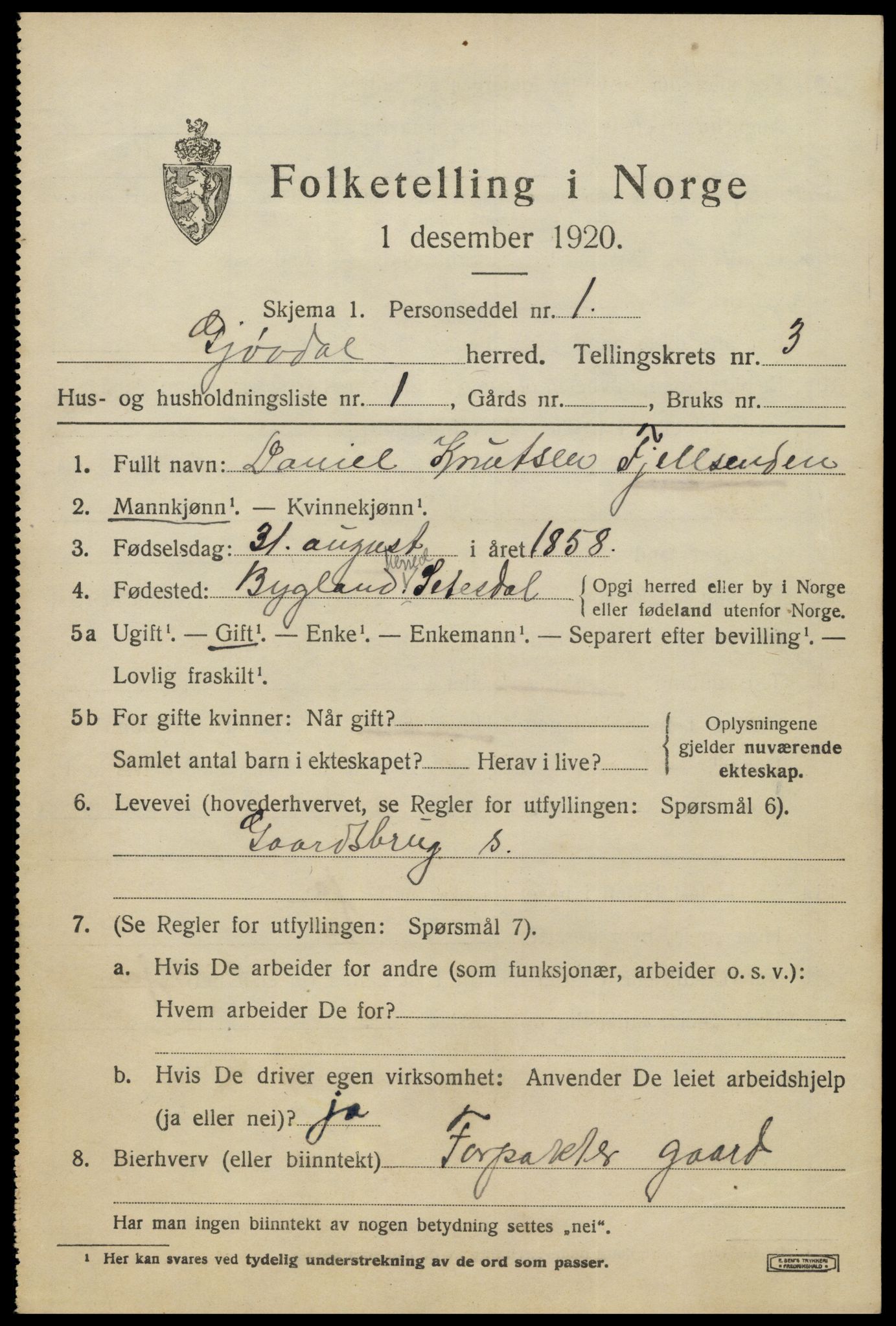 SAK, 1920 census for Gjøvdal, 1920, p. 1152