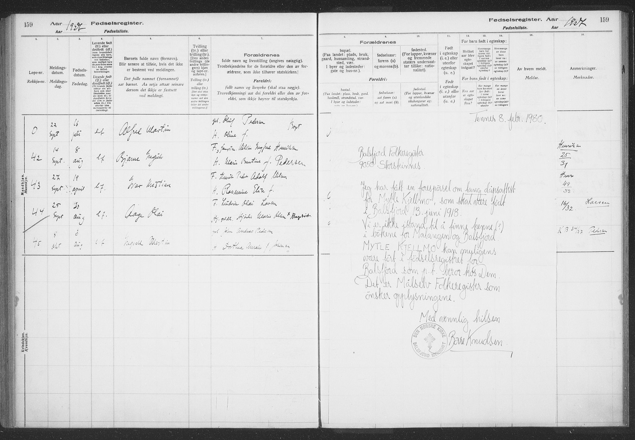 Balsfjord sokneprestembete, AV/SATØ-S-1303/H/Hb/L0059: Birth register no. 59, 1916-1930, p. 159