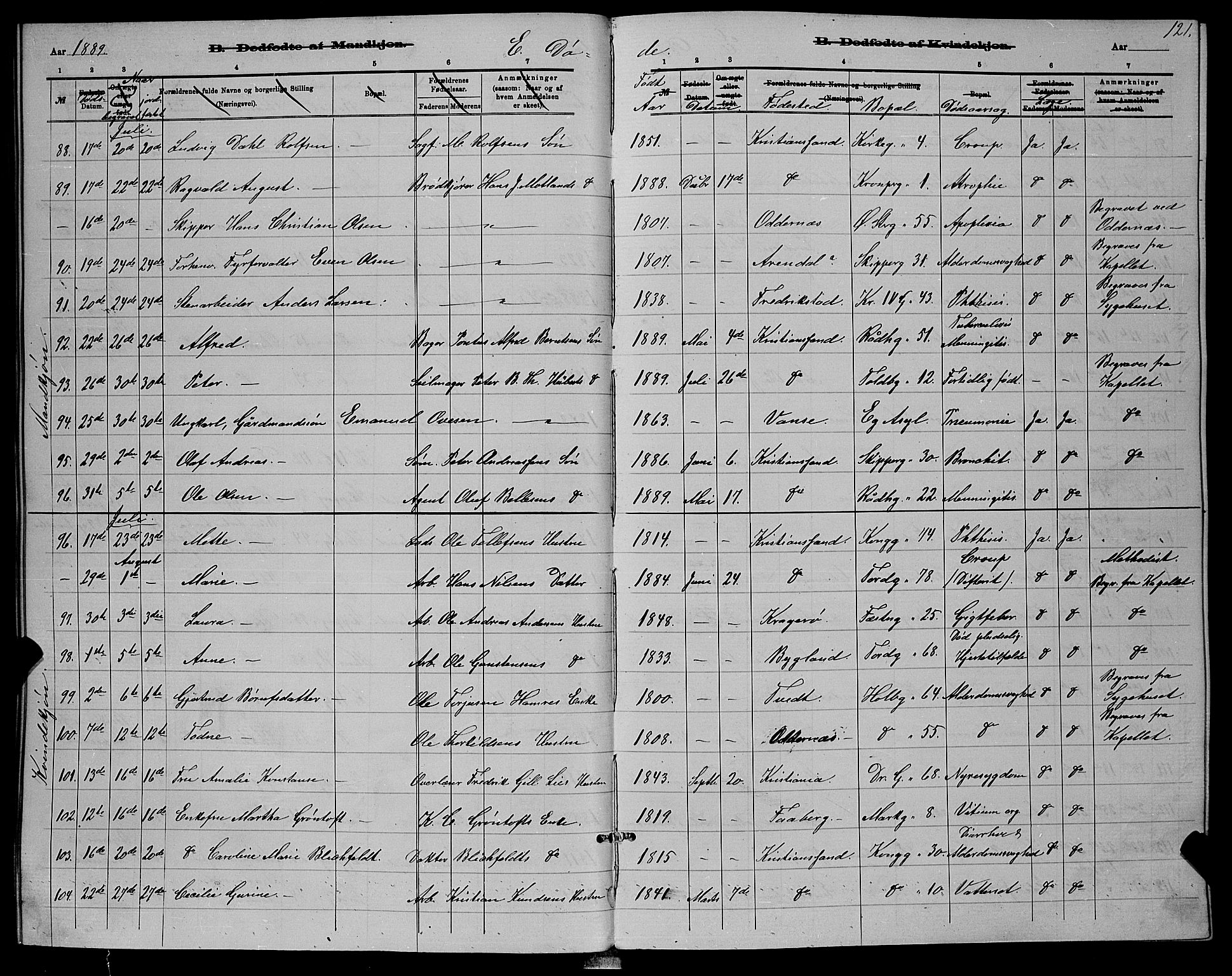 Kristiansand domprosti, AV/SAK-1112-0006/F/Fb/L0016: Parish register (copy) no. B 16, 1881-1893, p. 121