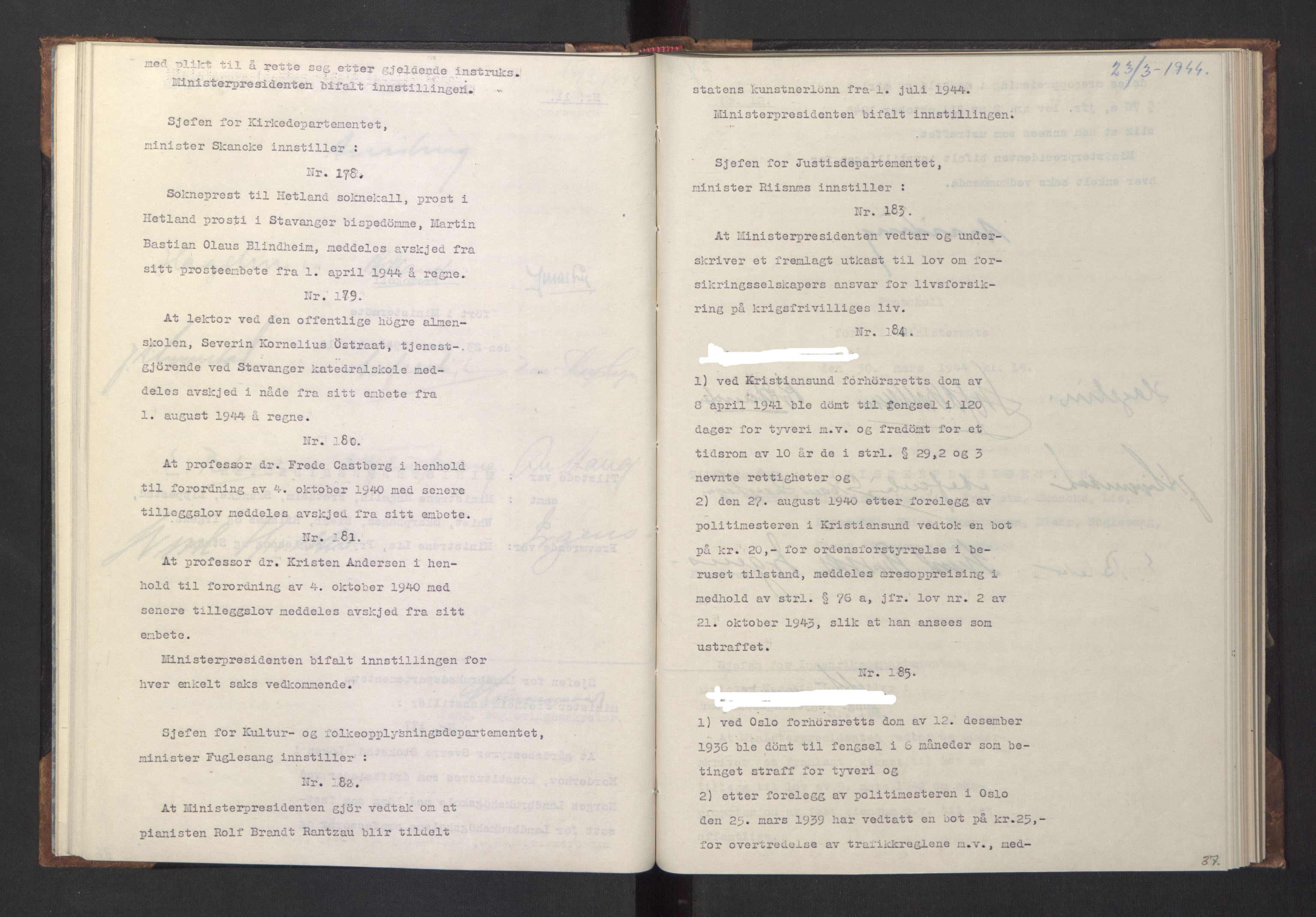NS-administrasjonen 1940-1945 (Statsrådsekretariatet, de kommisariske statsråder mm), RA/S-4279/D/Da/L0005: Protokoll fra ministermøter, 1944, p. 39