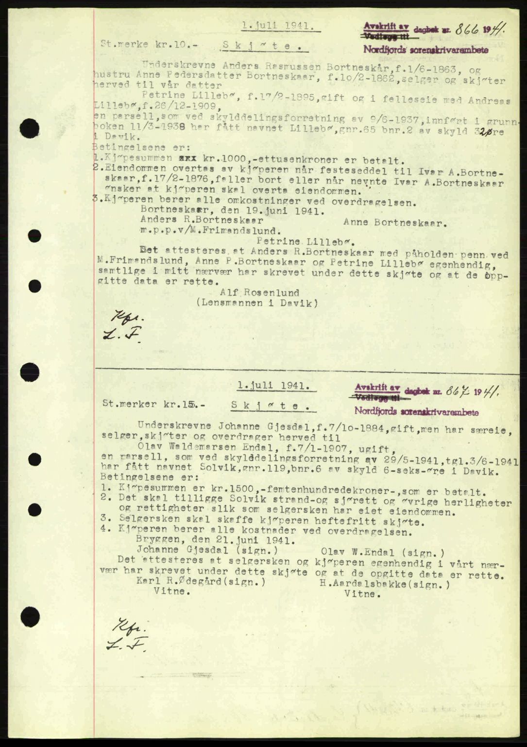 Nordfjord sorenskriveri, AV/SAB-A-2801/02/02b/02bj/L0006: Mortgage book no. A6, 1940-1941, Diary no: : 866/1941