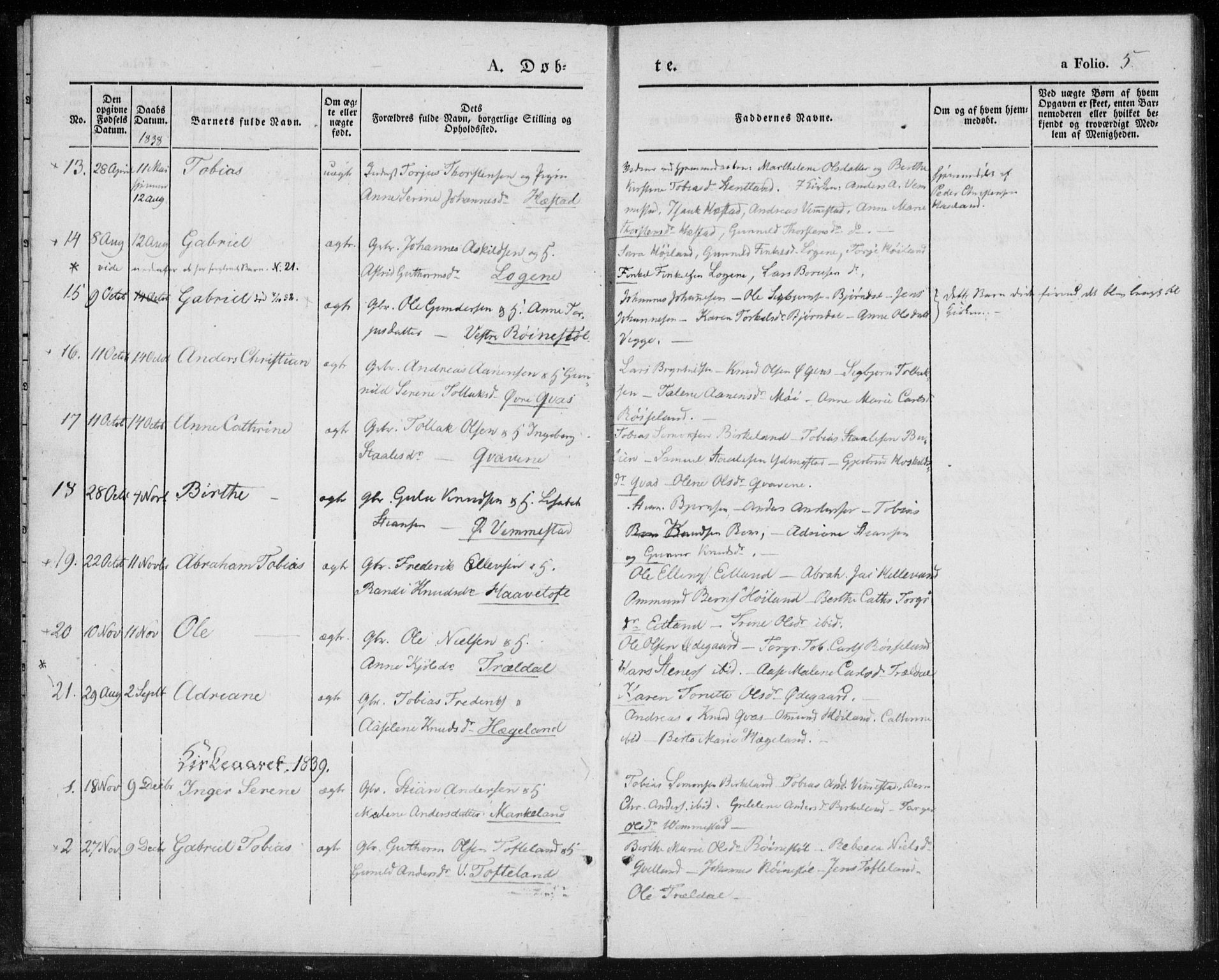 Lyngdal sokneprestkontor, AV/SAK-1111-0029/F/Fa/Fab/L0001: Parish register (official) no. A 1, 1838-1860, p. 5