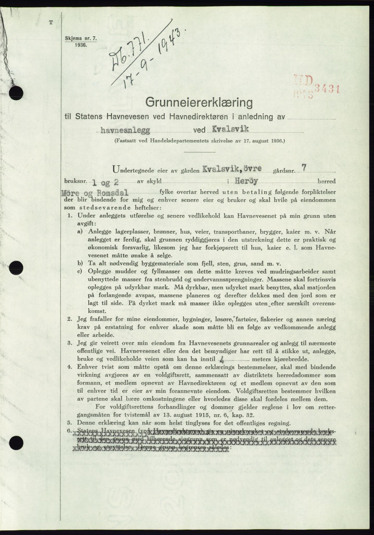 Søre Sunnmøre sorenskriveri, AV/SAT-A-4122/1/2/2C/L0075: Mortgage book no. 1A, 1943-1943, Diary no: : 771/1943