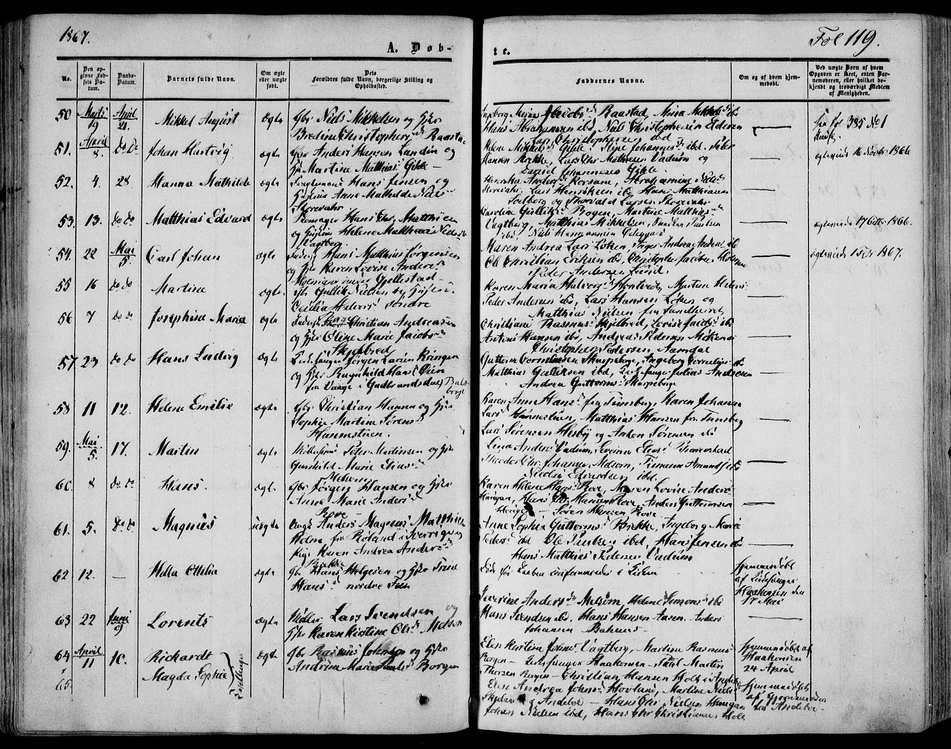 Stokke kirkebøker, SAKO/A-320/F/Fa/L0008: Parish register (official) no. I 8, 1858-1871, p. 119
