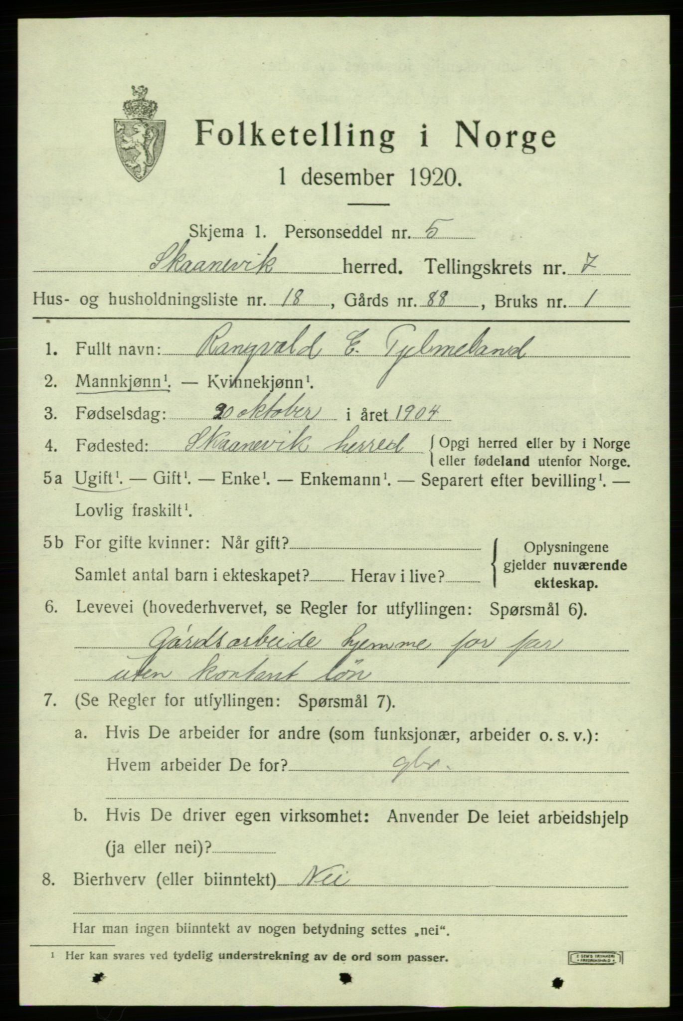 SAB, 1920 census for Skånevik, 1920, p. 4559