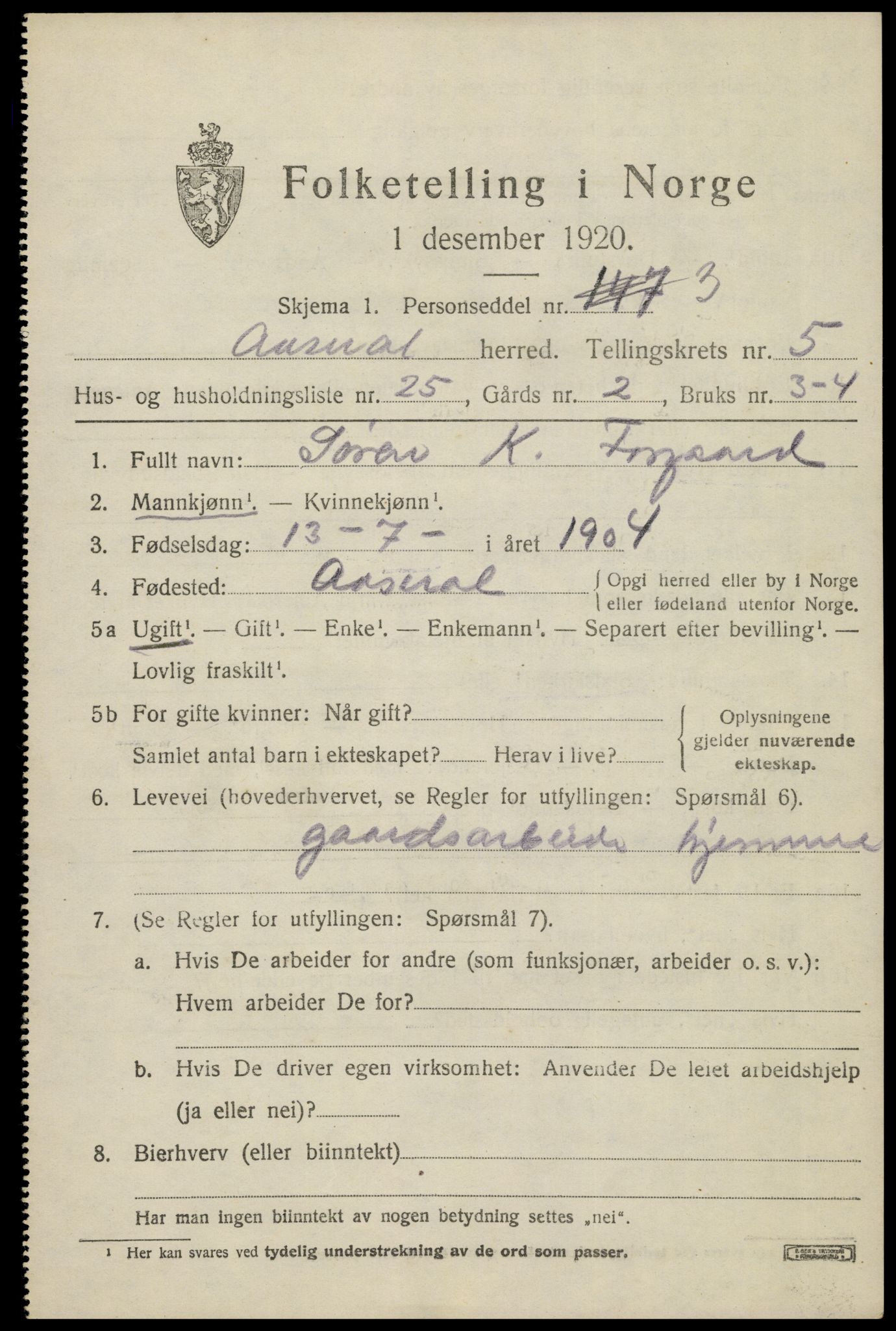 SAK, 1920 census for Åseral, 1920, p. 1756