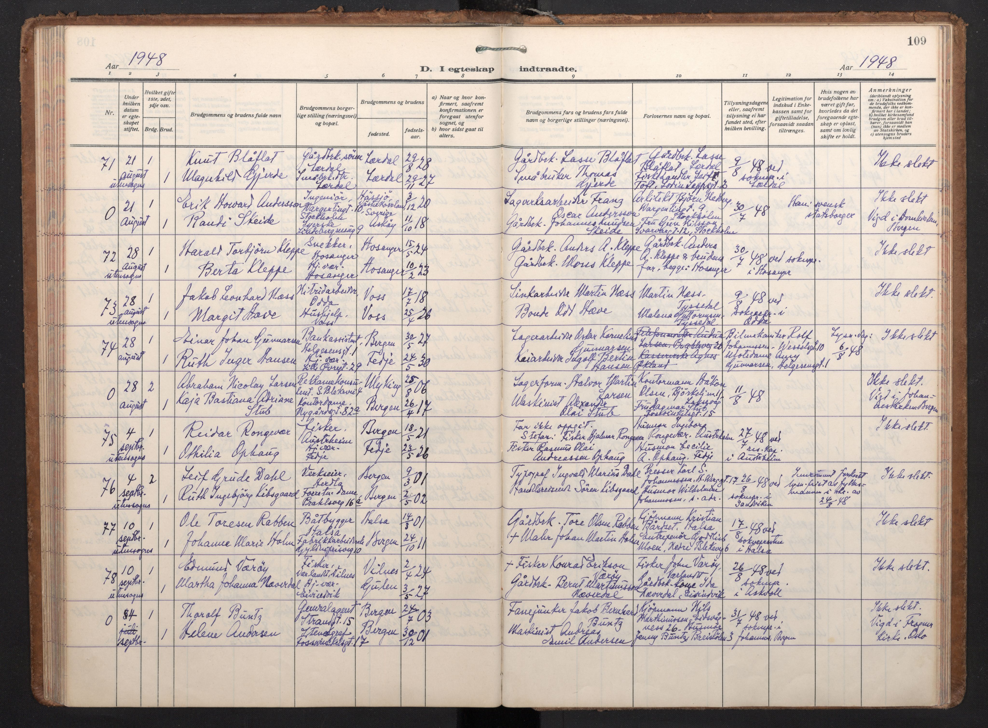 Korskirken sokneprestembete, AV/SAB-A-76101/H/Haa/L0040: Parish register (official) no. D 7, 1938-1952, p. 108b-109a