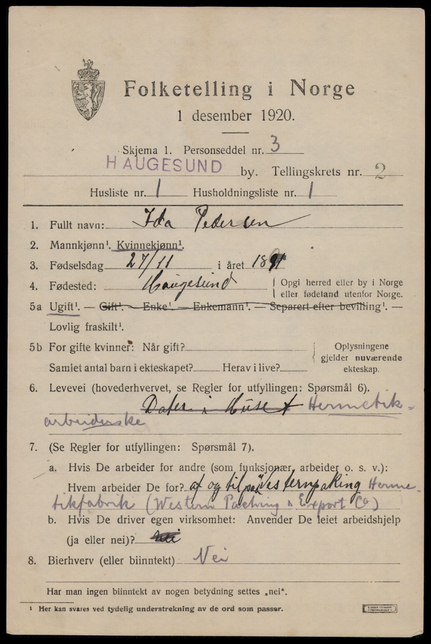 SAST, 1920 census for Haugesund, 1920, p. 12811