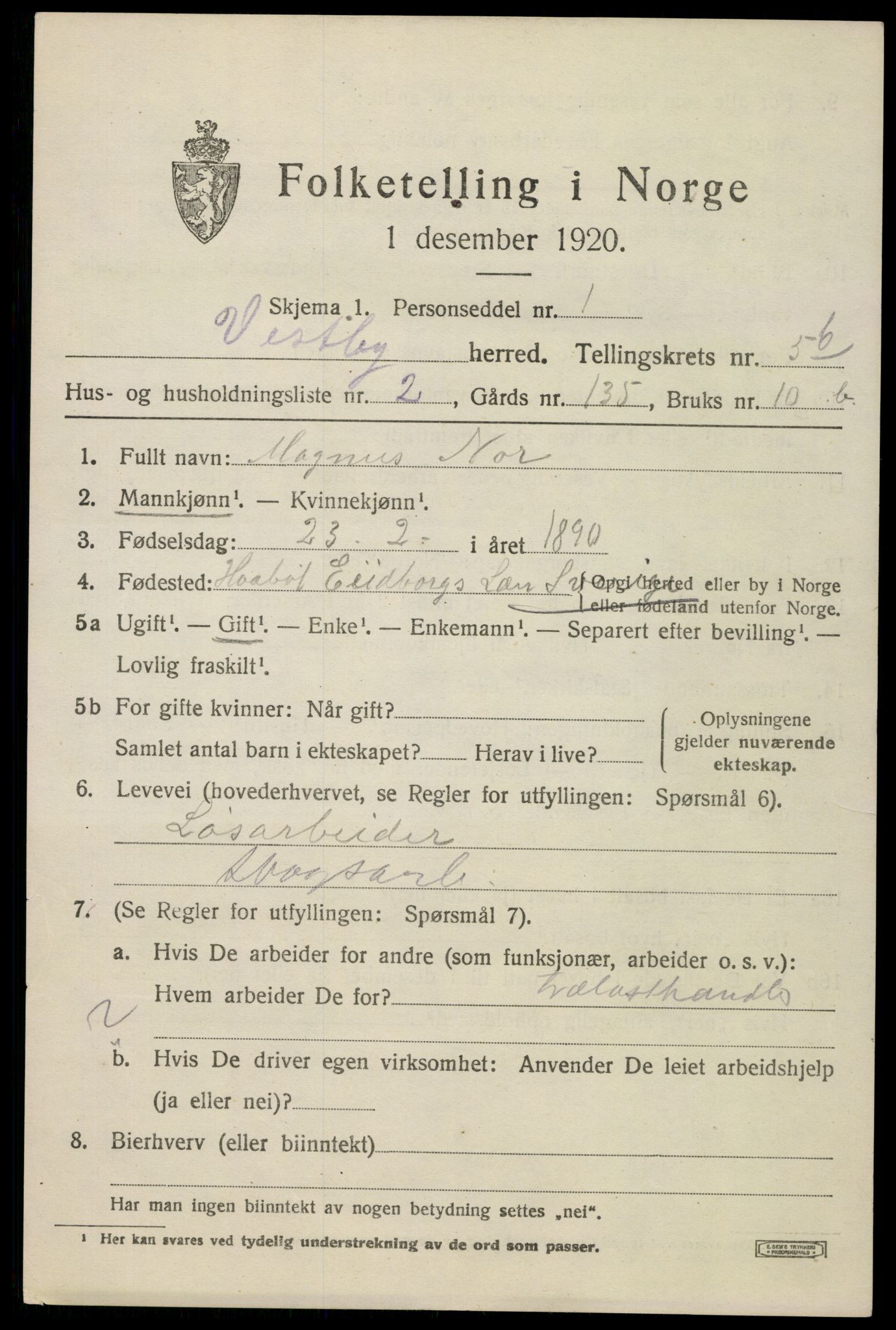 SAO, 1920 census for Vestby, 1920, p. 6369