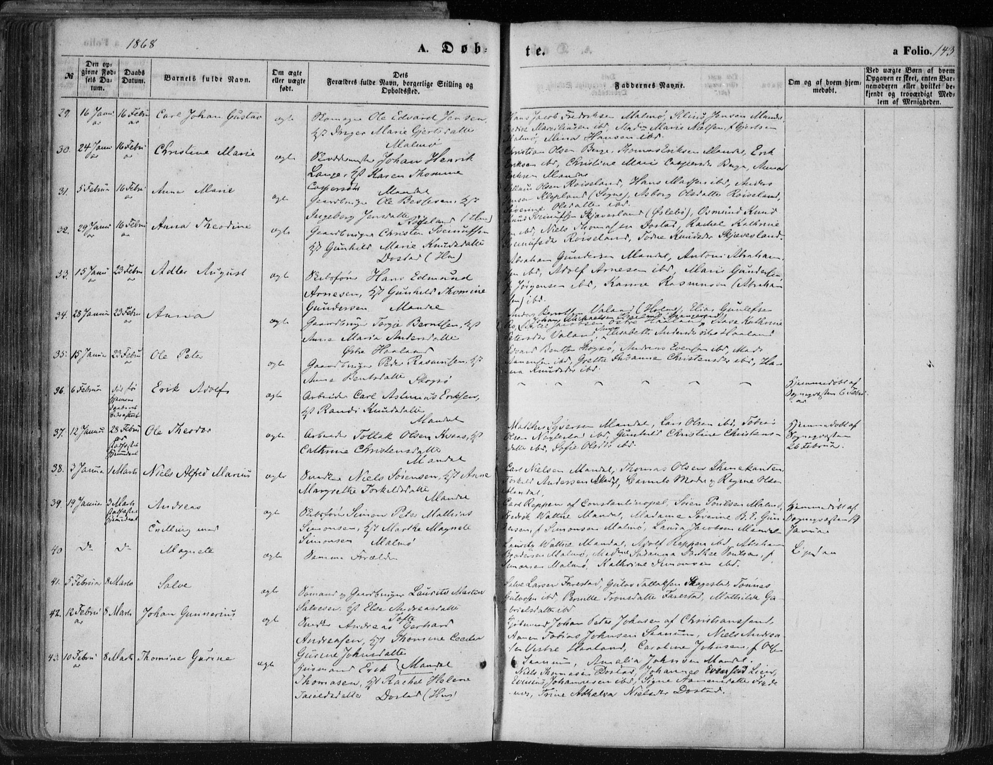 Mandal sokneprestkontor, AV/SAK-1111-0030/F/Fa/Faa/L0014: Parish register (official) no. A 14, 1859-1872, p. 143