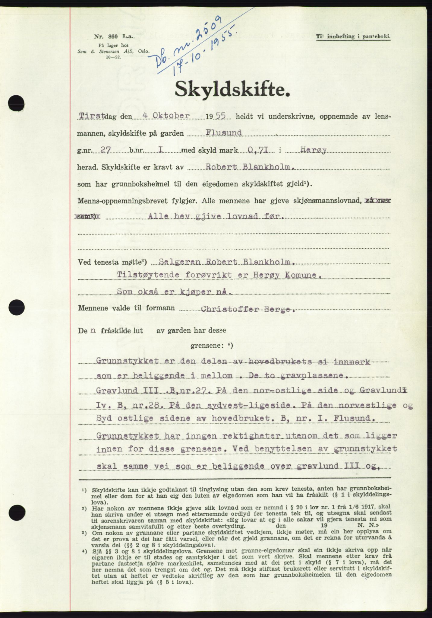 Søre Sunnmøre sorenskriveri, AV/SAT-A-4122/1/2/2C/L0102: Mortgage book no. 28A, 1955-1956, Diary no: : 2509/1955