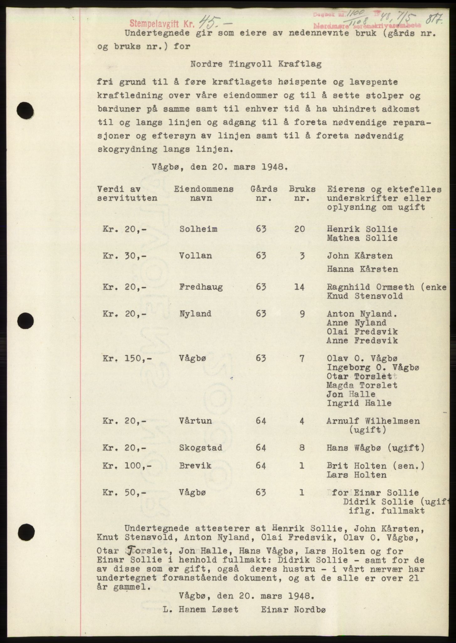 Nordmøre sorenskriveri, AV/SAT-A-4132/1/2/2Ca: Mortgage book no. B98, 1948-1948, Diary no: : 1100/1948