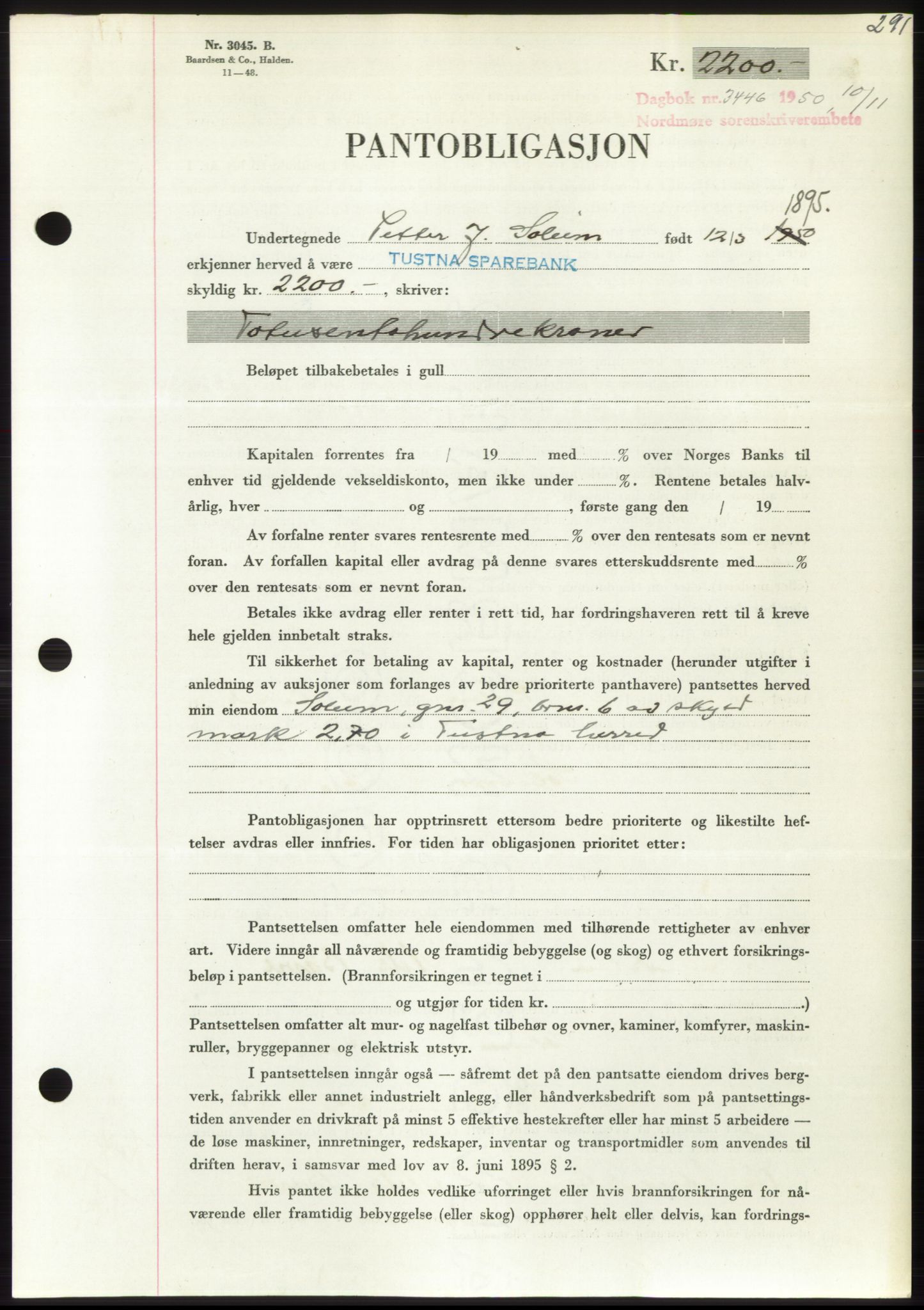 Nordmøre sorenskriveri, AV/SAT-A-4132/1/2/2Ca: Mortgage book no. B106, 1950-1950, Diary no: : 3446/1950