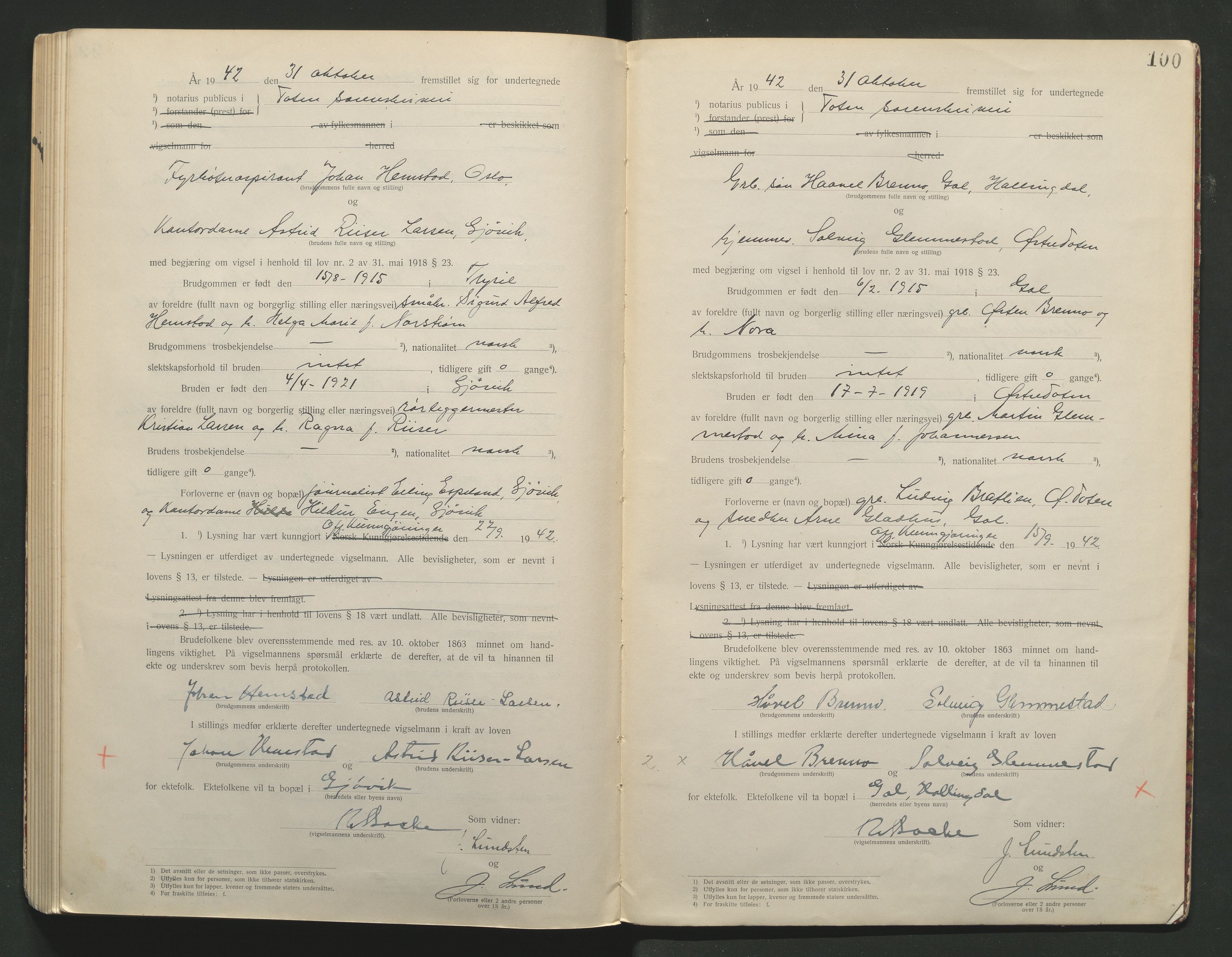 Toten tingrett, AV/SAH-TING-006/L/Lc/L0001: Vigselbok, 1920-1942, p. 100