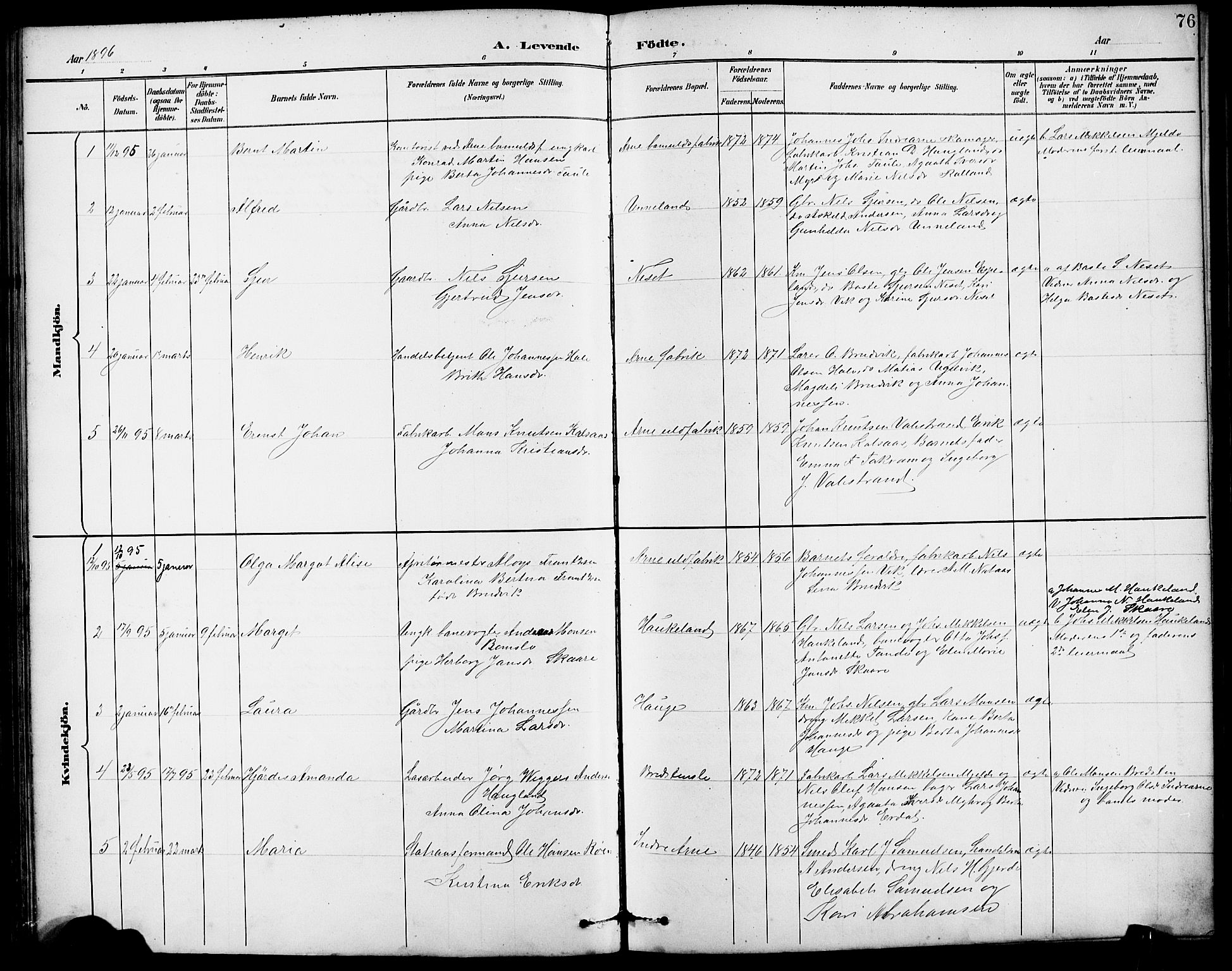Arna Sokneprestembete, SAB/A-74001/H/Ha/Hab: Parish register (copy) no. A 3, 1887-1897, p. 76