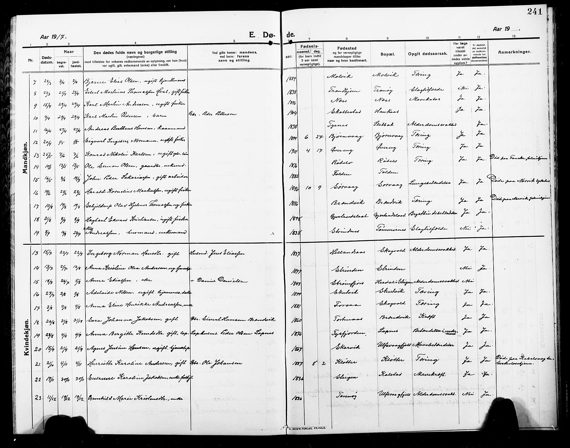 Ministerialprotokoller, klokkerbøker og fødselsregistre - Nordland, AV/SAT-A-1459/859/L0861: Parish register (copy) no. 859C07, 1910-1925, p. 241