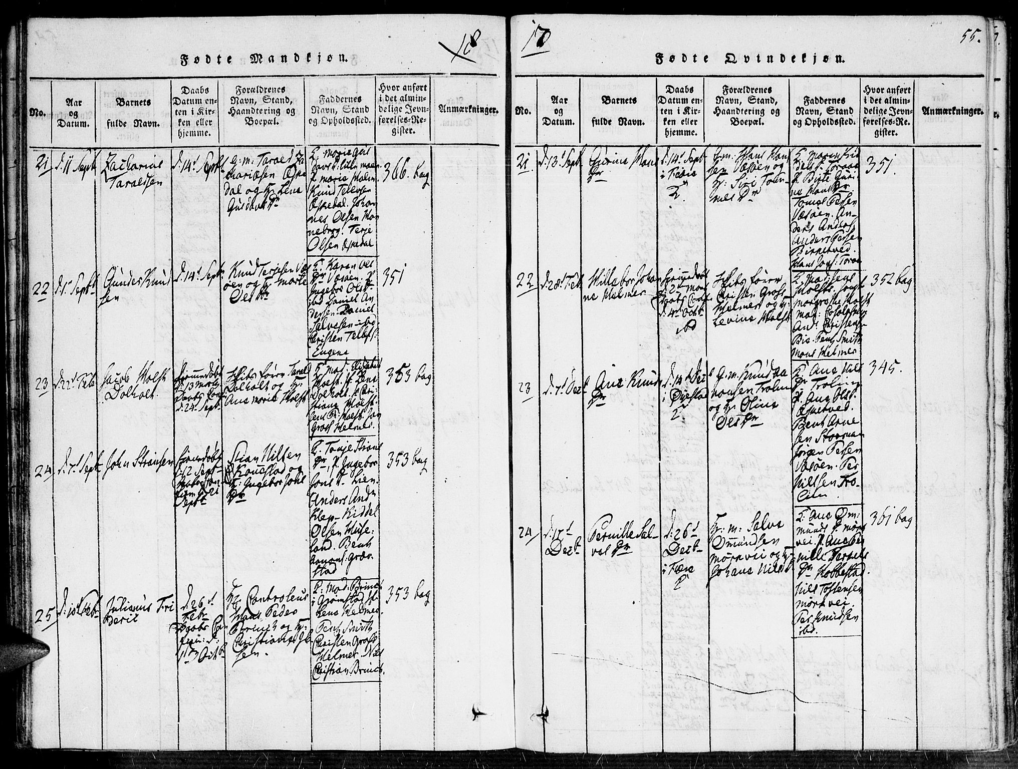 Fjære sokneprestkontor, AV/SAK-1111-0011/F/Fa/L0001: Parish register (official) no. A 1 /1, 1816-1826, p. 55