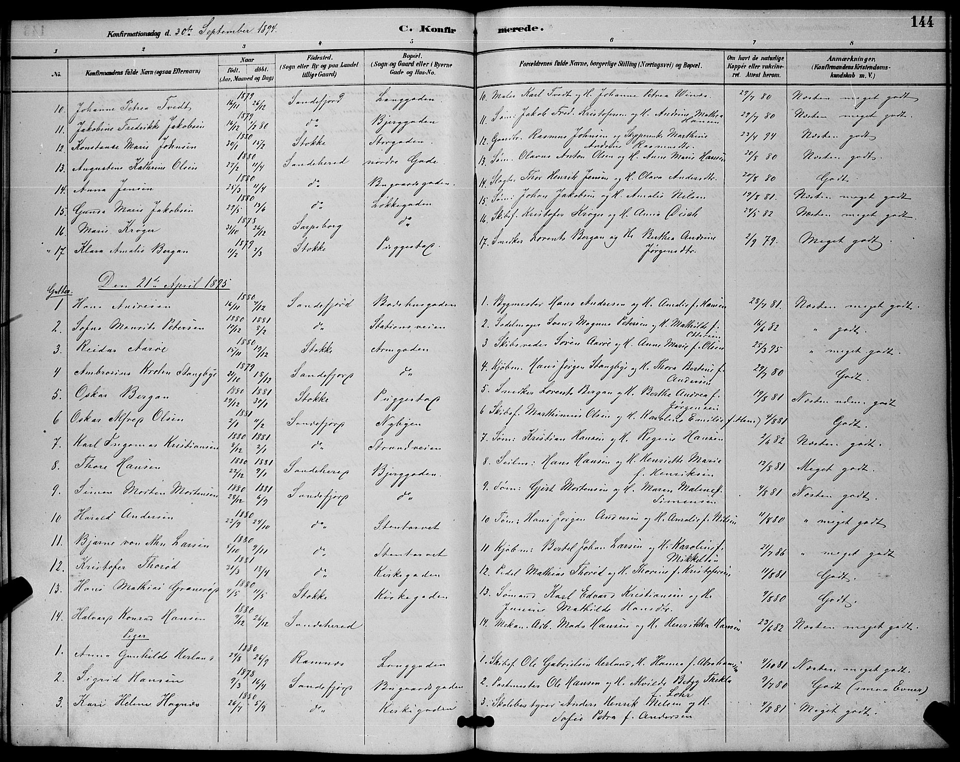 Sandefjord kirkebøker, SAKO/A-315/G/Ga/L0001: Parish register (copy) no. 1, 1885-1903, p. 144