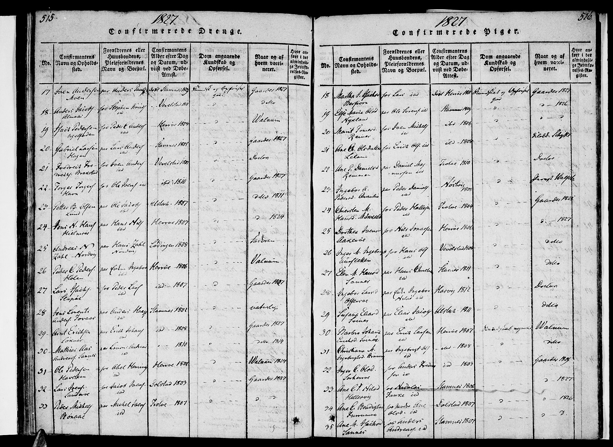 Ministerialprotokoller, klokkerbøker og fødselsregistre - Nordland, SAT/A-1459/830/L0445: Parish register (official) no. 830A09, 1820-1830, p. 515-516