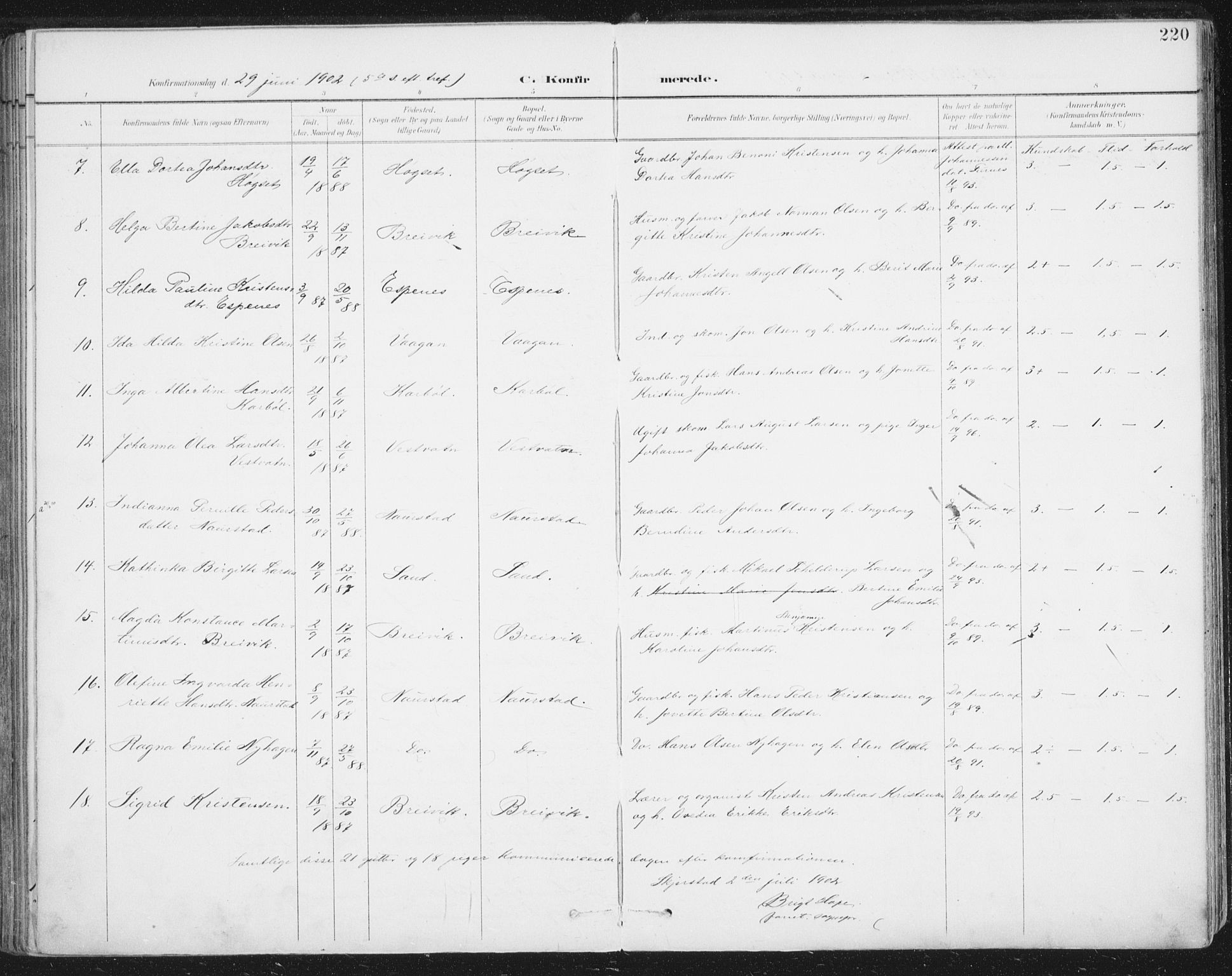 Ministerialprotokoller, klokkerbøker og fødselsregistre - Nordland, AV/SAT-A-1459/852/L0741: Parish register (official) no. 852A11, 1894-1917, p. 220