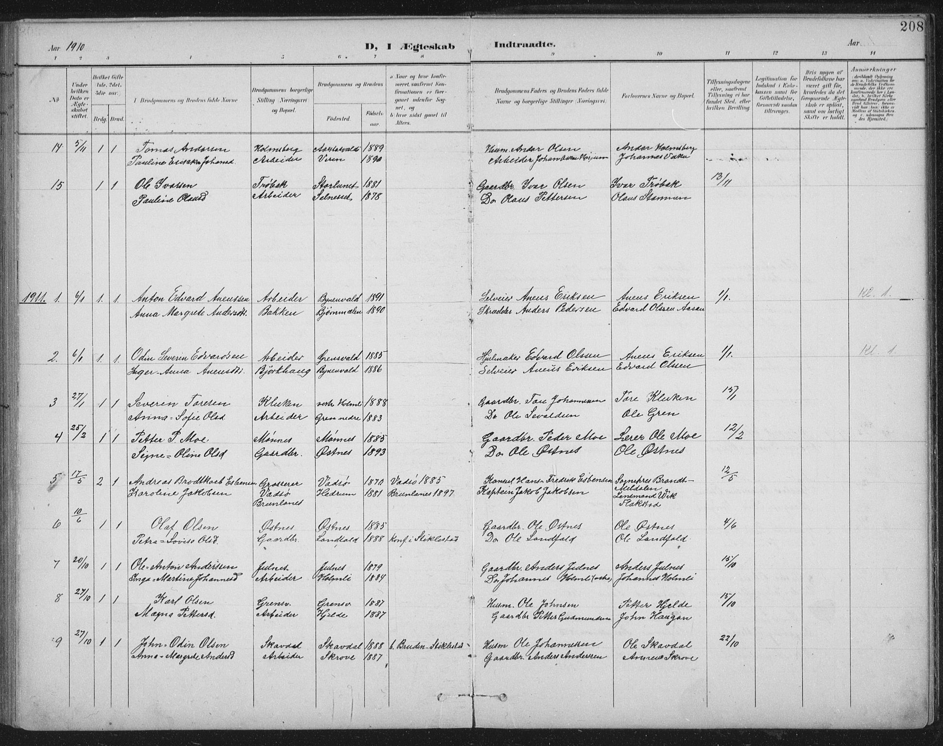 Ministerialprotokoller, klokkerbøker og fødselsregistre - Nord-Trøndelag, SAT/A-1458/724/L0269: Parish register (copy) no. 724C05, 1899-1920, p. 208