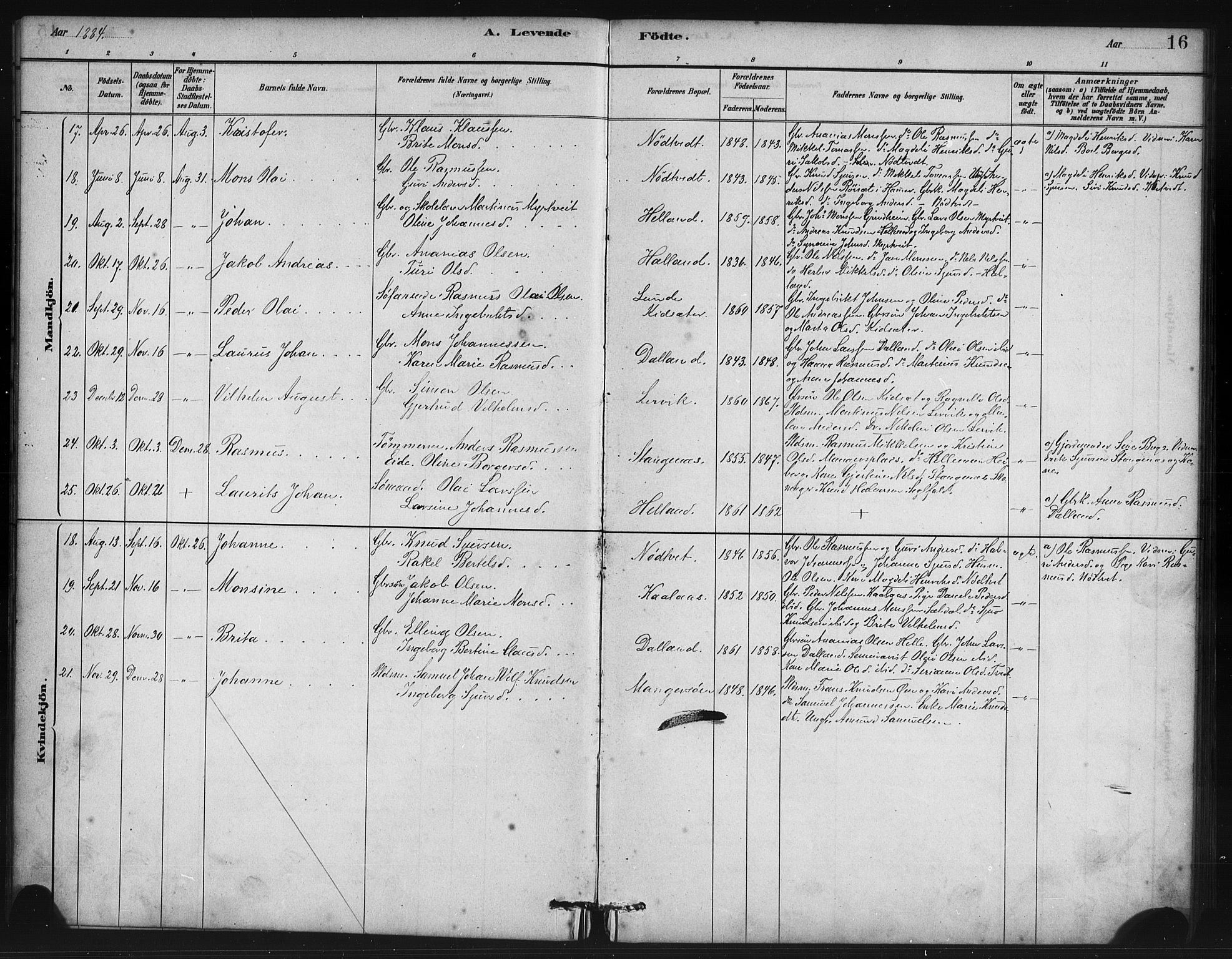Manger sokneprestembete, SAB/A-76801/H/Haa: Parish register (official) no. B 1, 1881-1892, p. 16