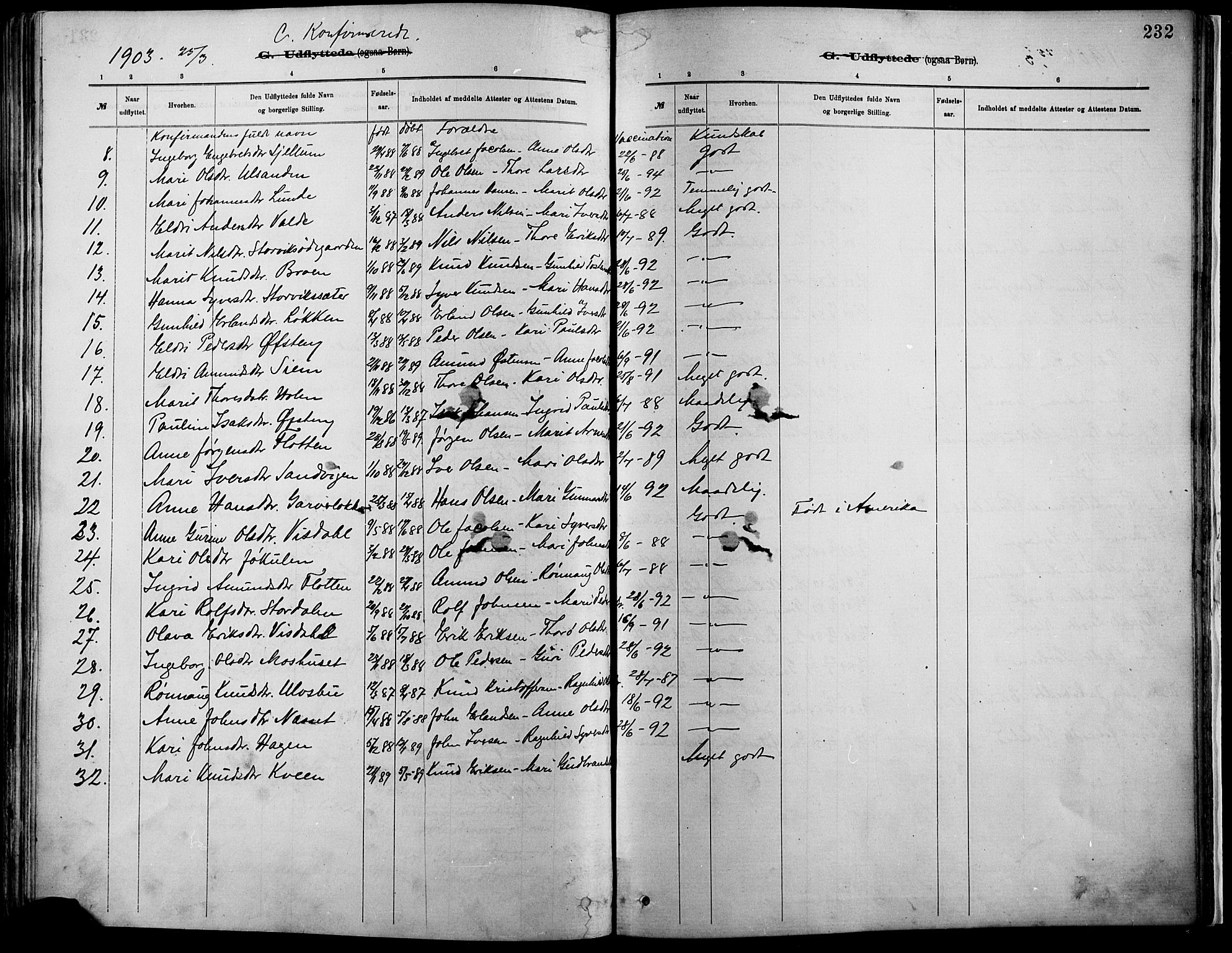 Vågå prestekontor, SAH/PREST-076/H/Ha/Haa/L0009: Parish register (official) no. 9, 1886-1904, p. 232