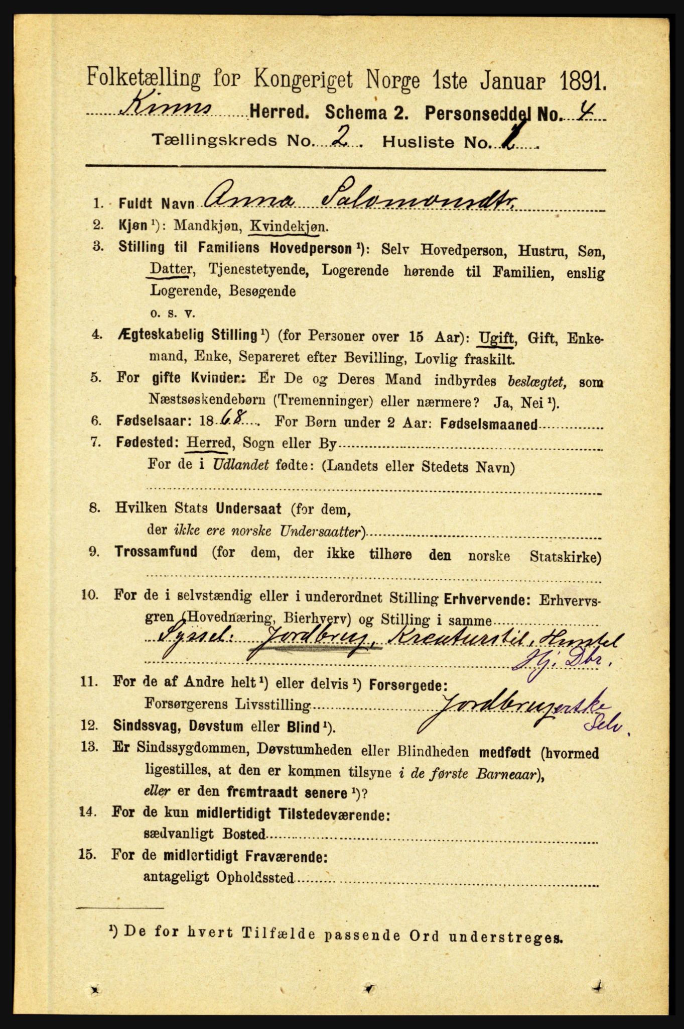 RA, 1891 census for 1437 Kinn, 1891, p. 539