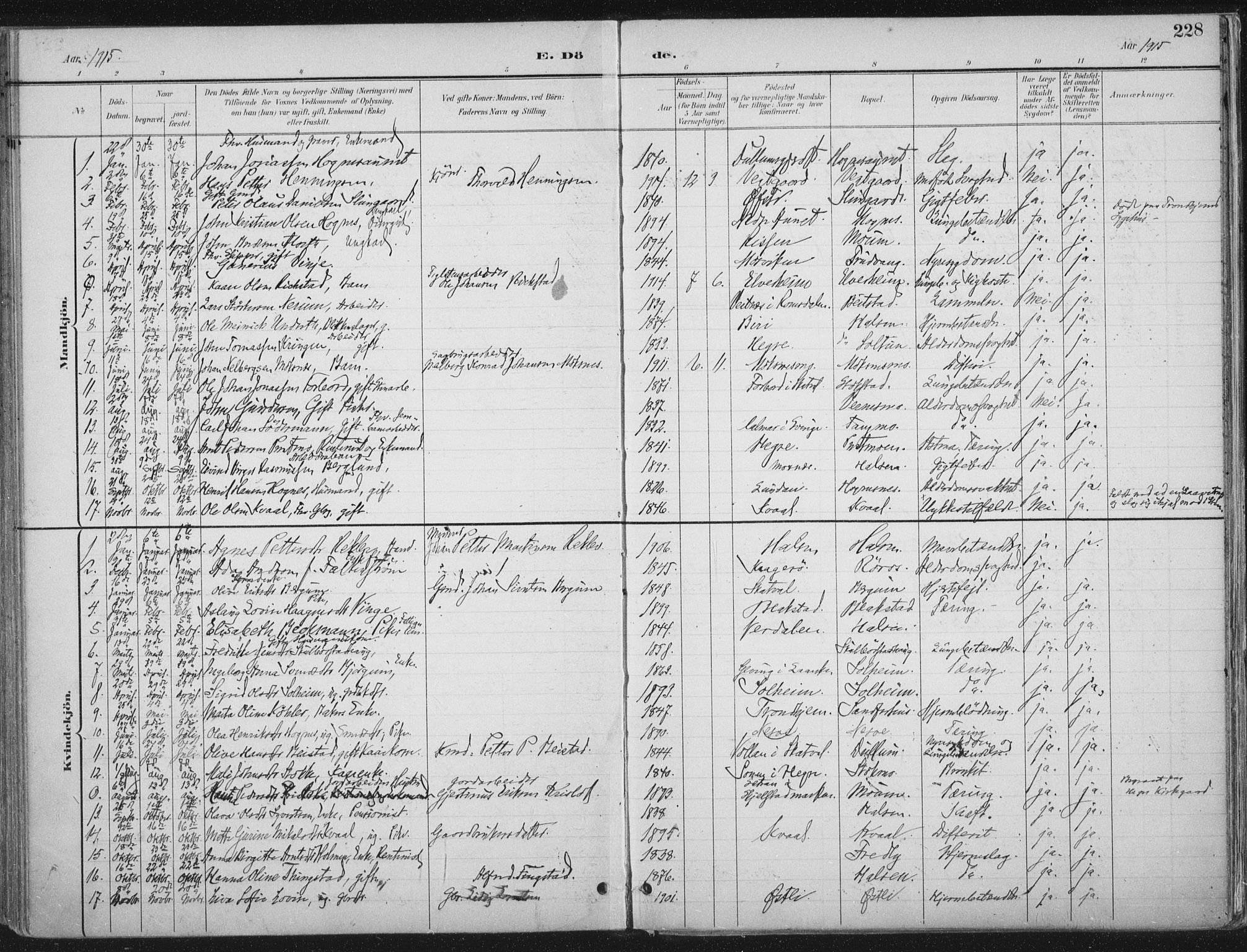 Ministerialprotokoller, klokkerbøker og fødselsregistre - Nord-Trøndelag, SAT/A-1458/709/L0082: Parish register (official) no. 709A22, 1896-1916, p. 228