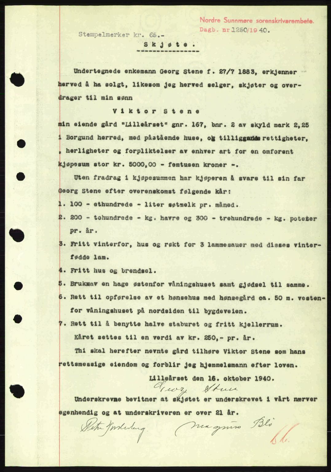 Nordre Sunnmøre sorenskriveri, AV/SAT-A-0006/1/2/2C/2Ca: Mortgage book no. A9, 1940-1940, Diary no: : 1250/1940